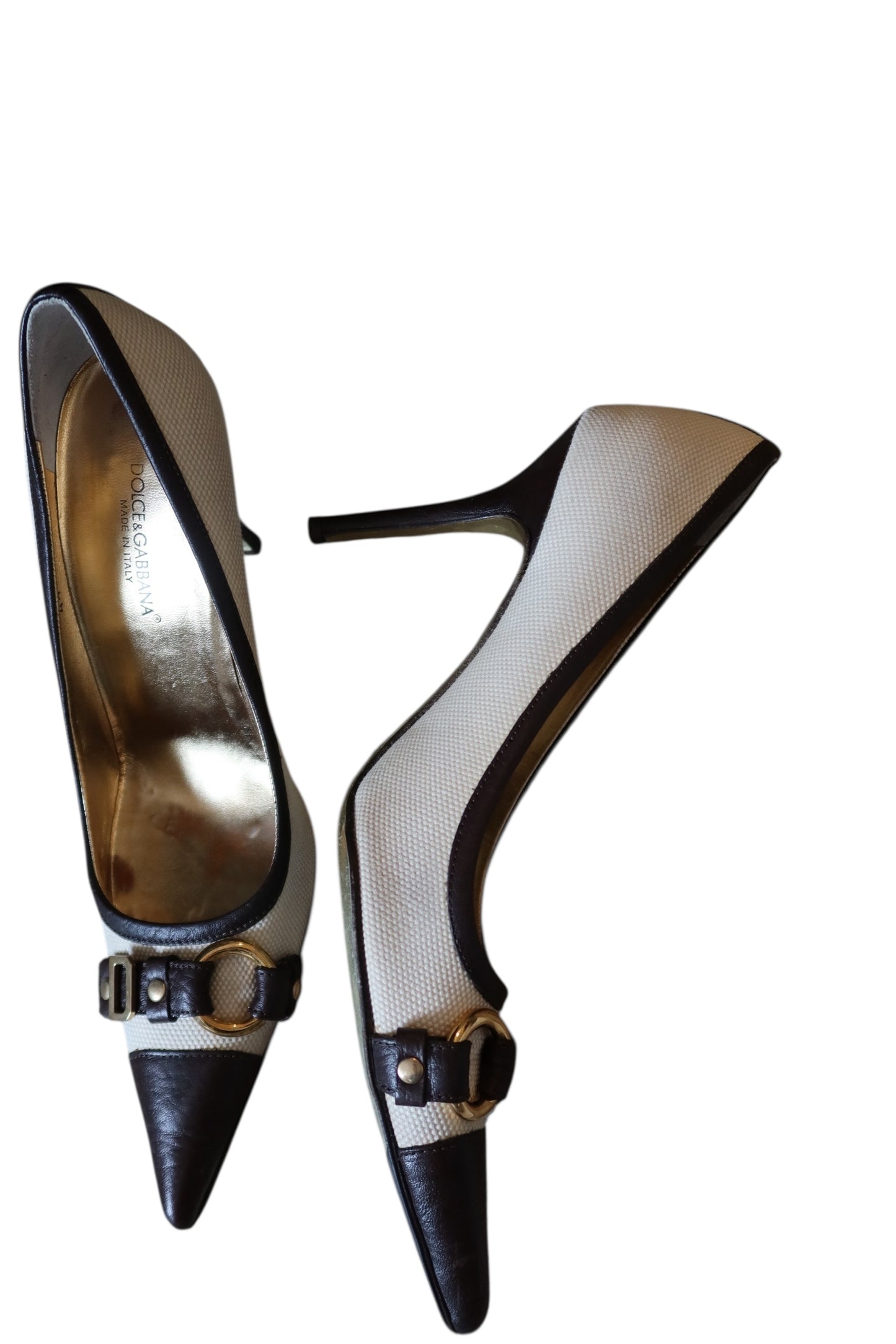 Dolce & Gabbana DG buckle canvas and brown leather heels (39.5)