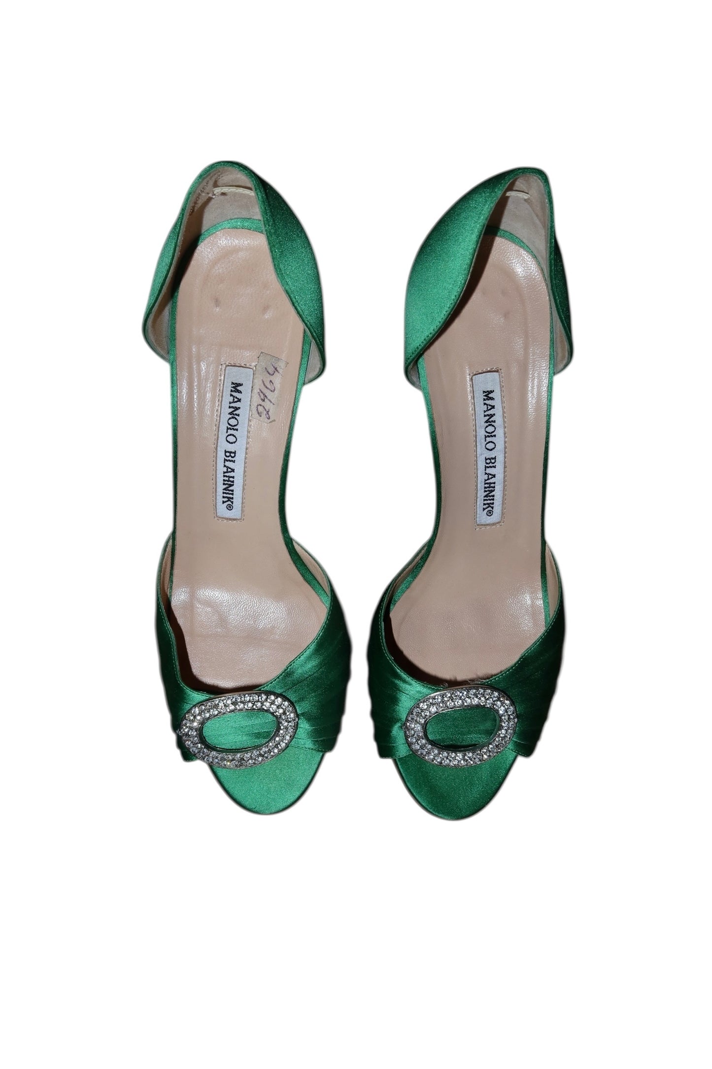 Manolo Blahnik green satin Sedaraby heels with round rhinestone buckle (37)