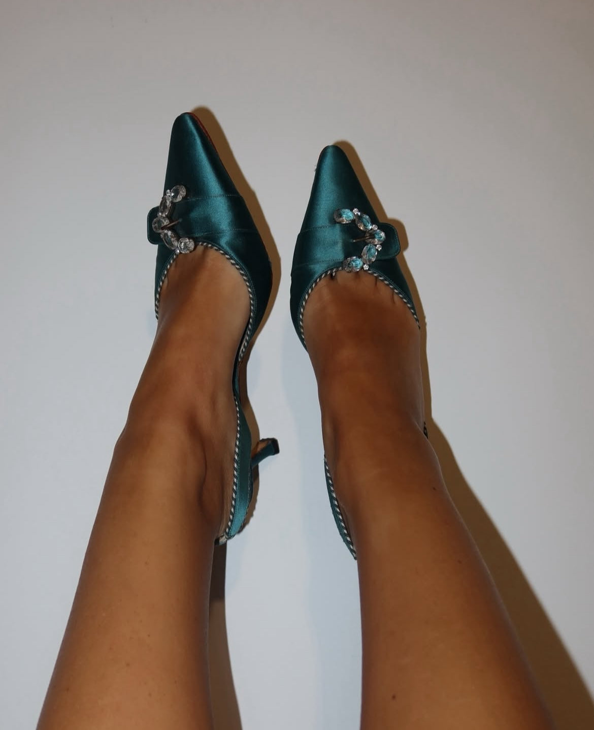 Manolo Blahnik teal satin heels with crystal embellishments (39)