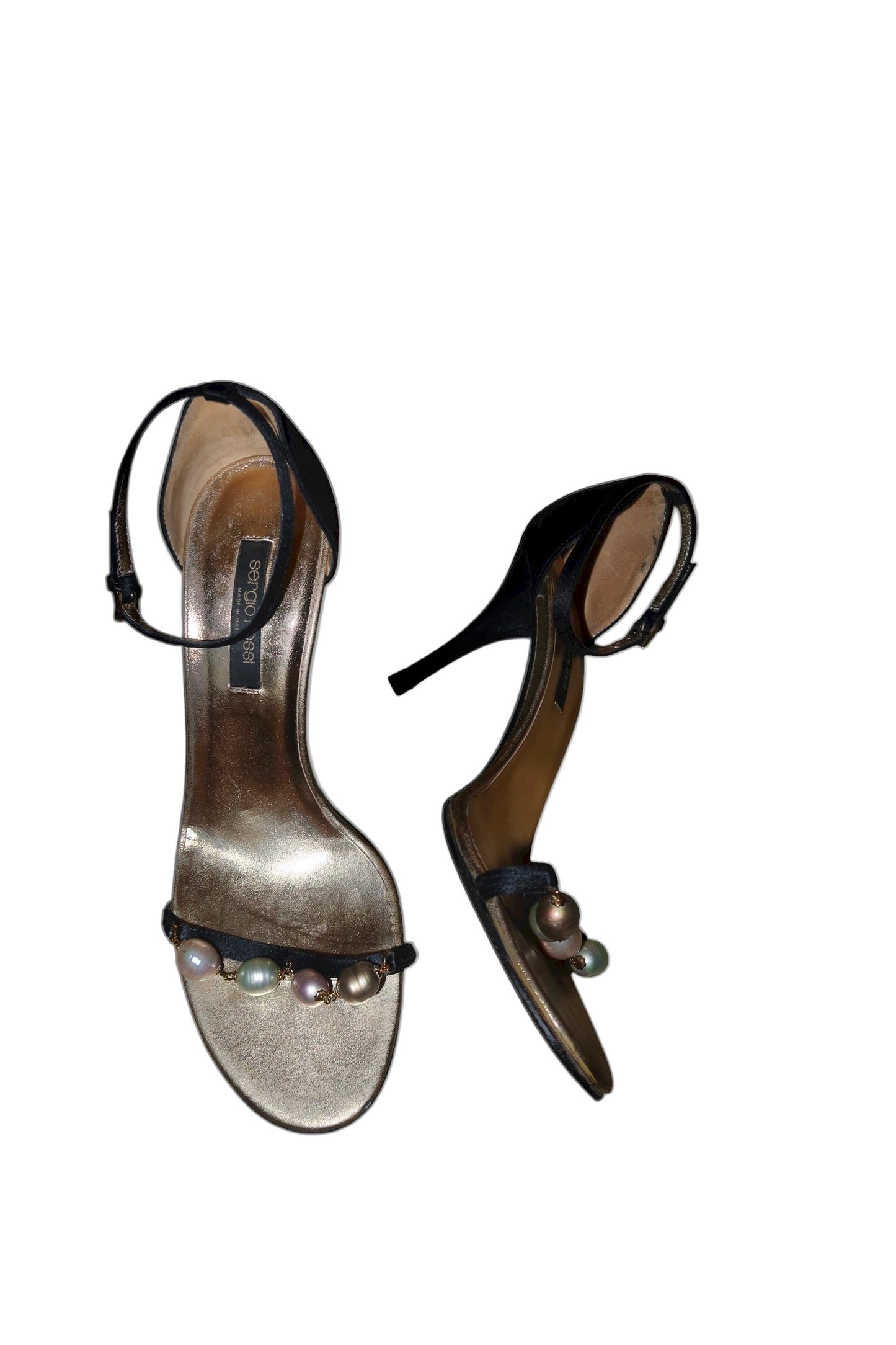 Sergio Rossi black satin heels with multicolor pearls (38)