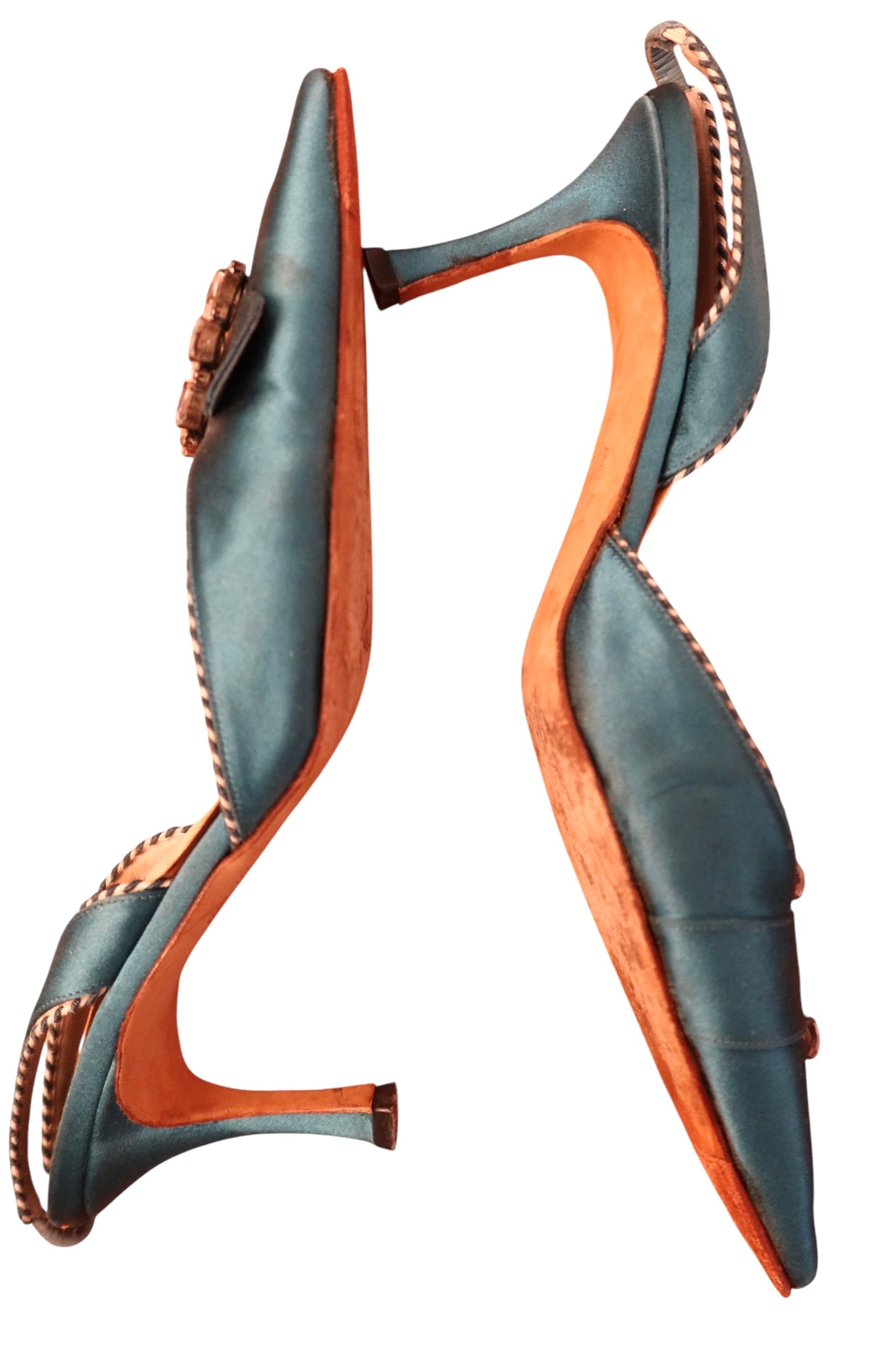 Manolo Blahnik teal satin heels with crystal embellishments (39)