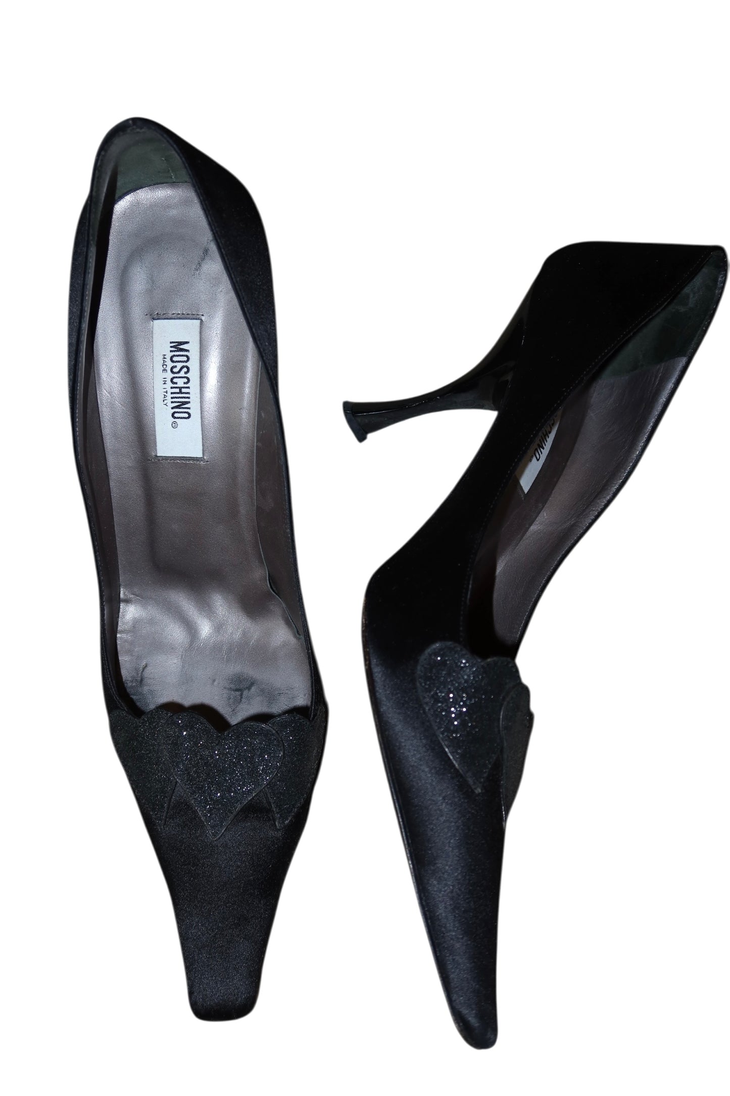 Moschino black satin heels with glitter hearts (39.5)