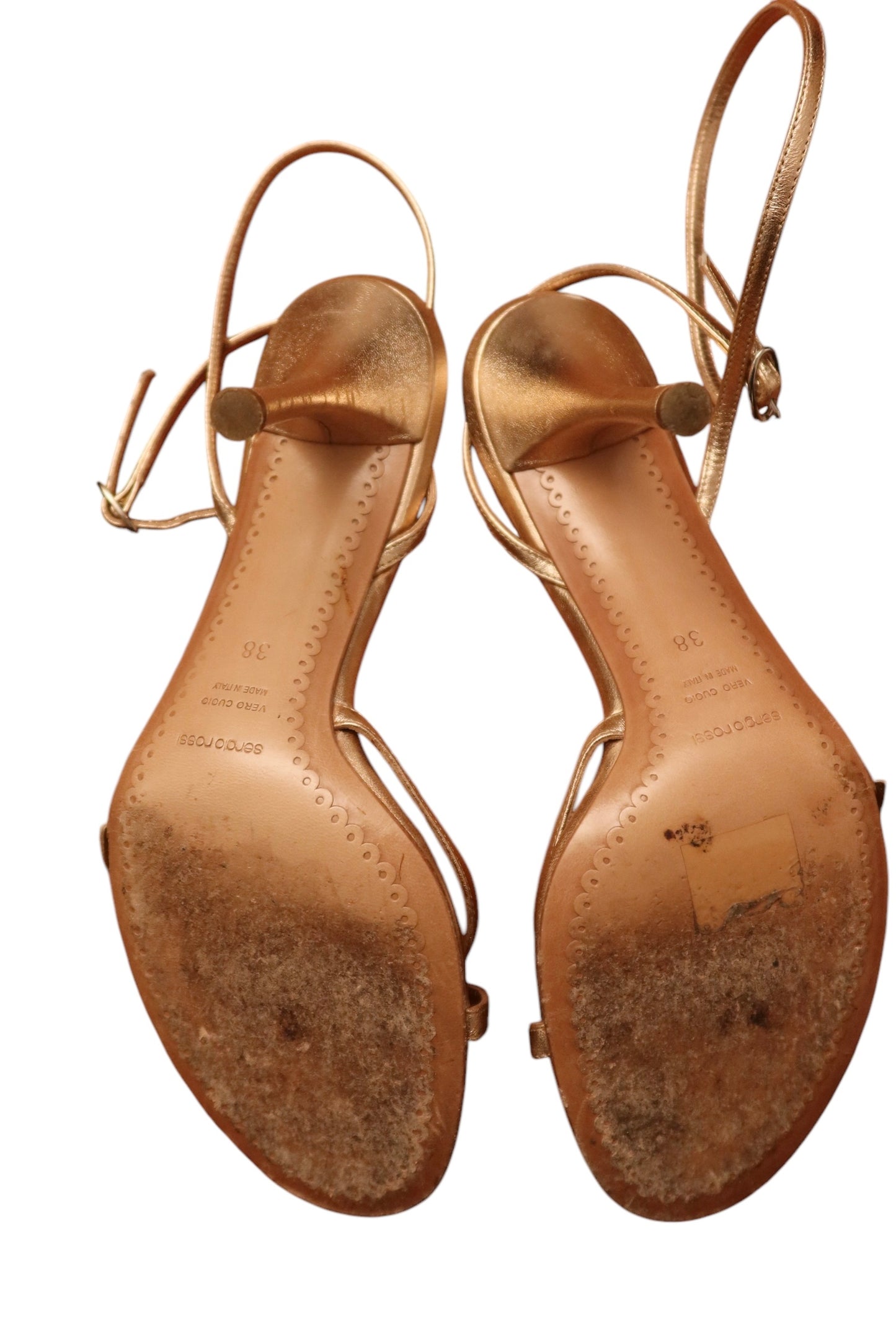 Sergio Rossi rose gold strappy heels with flower embellishment (38)