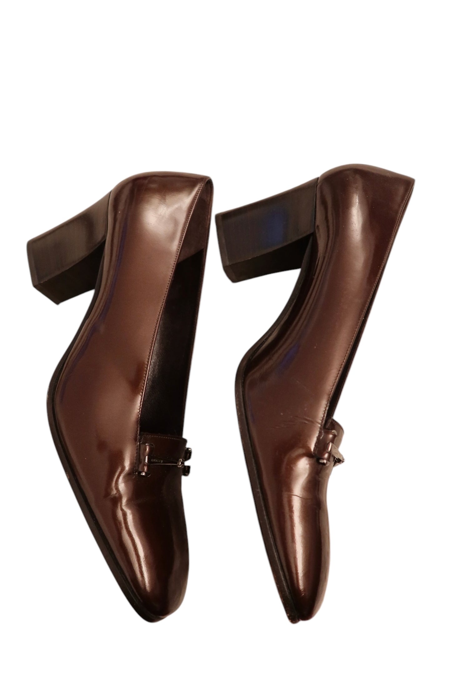 Gucci shiny brown patent leather loafer heels (8.5B)