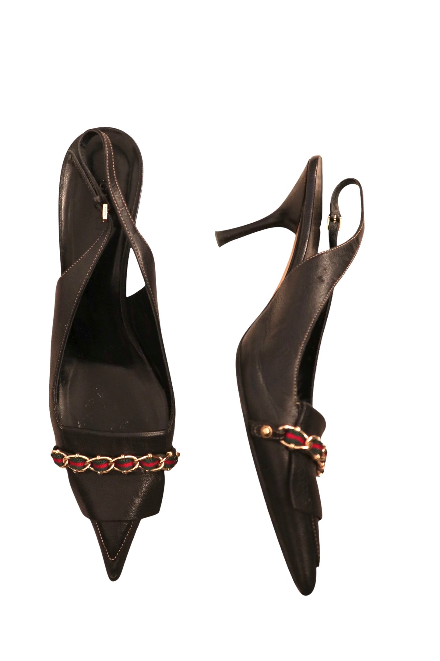 Gucci black heels with red and green fabric wrapped around gold chain hardware (7.5 B)