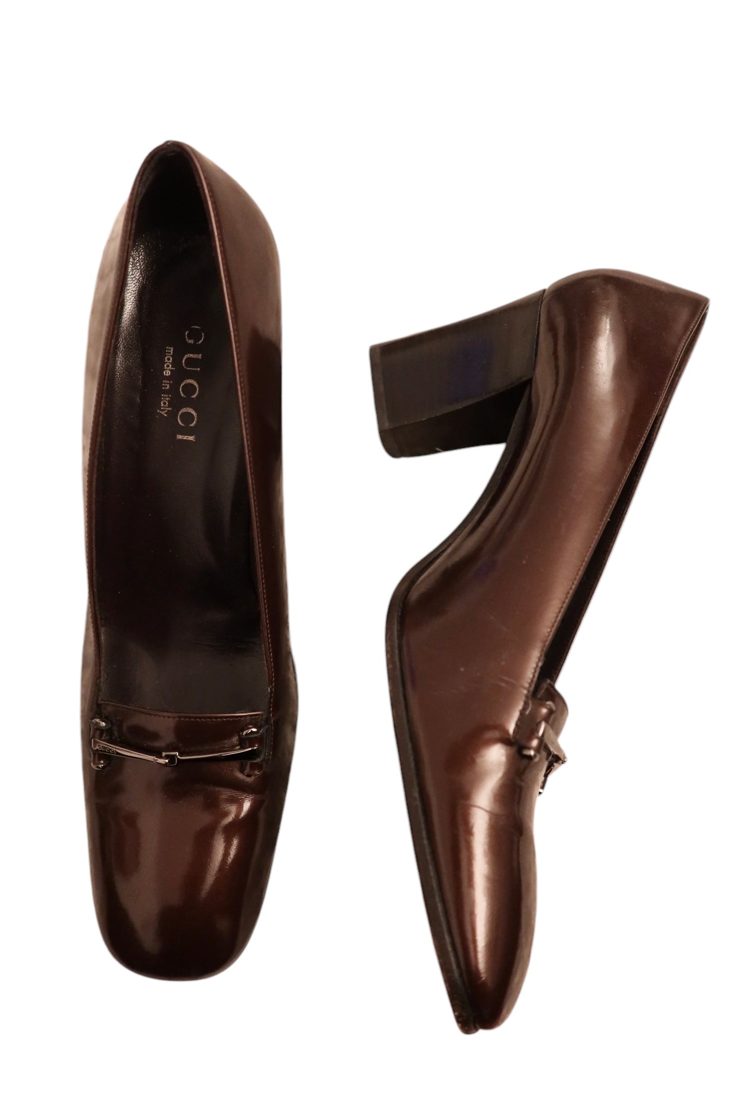 Gucci shiny brown patent leather loafer heels (8.5B)