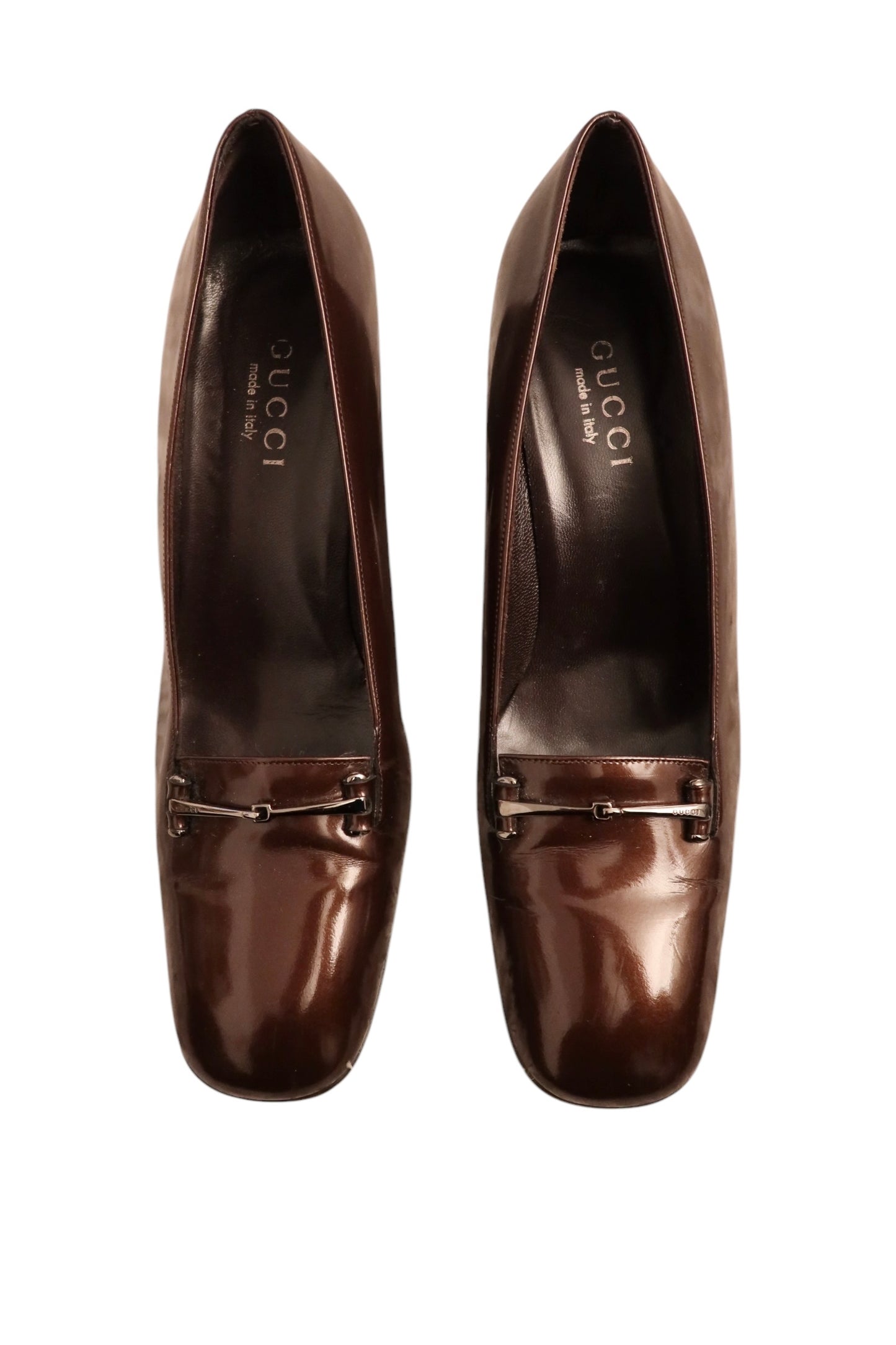 Gucci shiny brown patent leather loafer heels (8.5B)