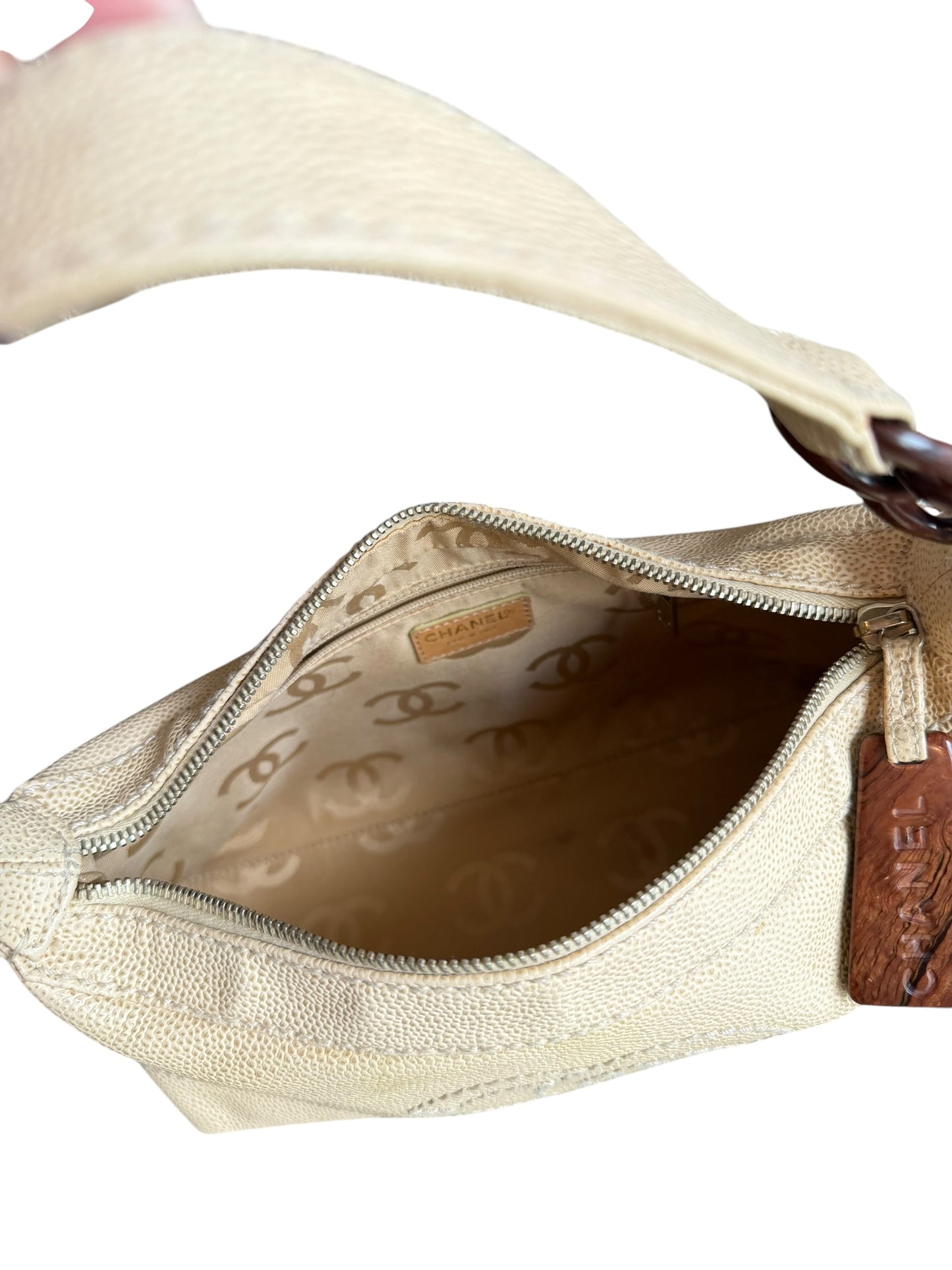 Chanel beige caviar leather bag with wood details