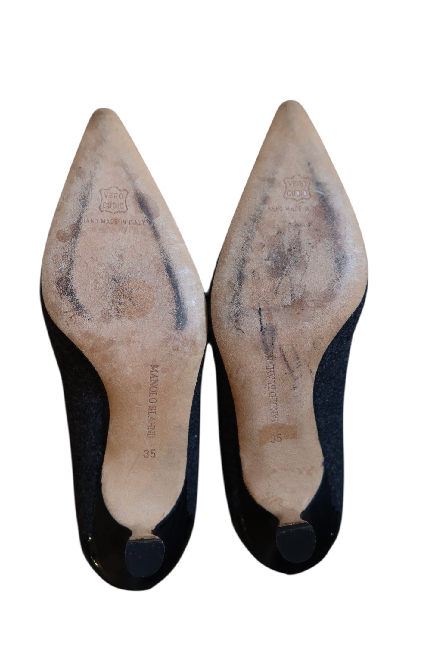 Manolo Blahnik grey wool and black leather heels (35)