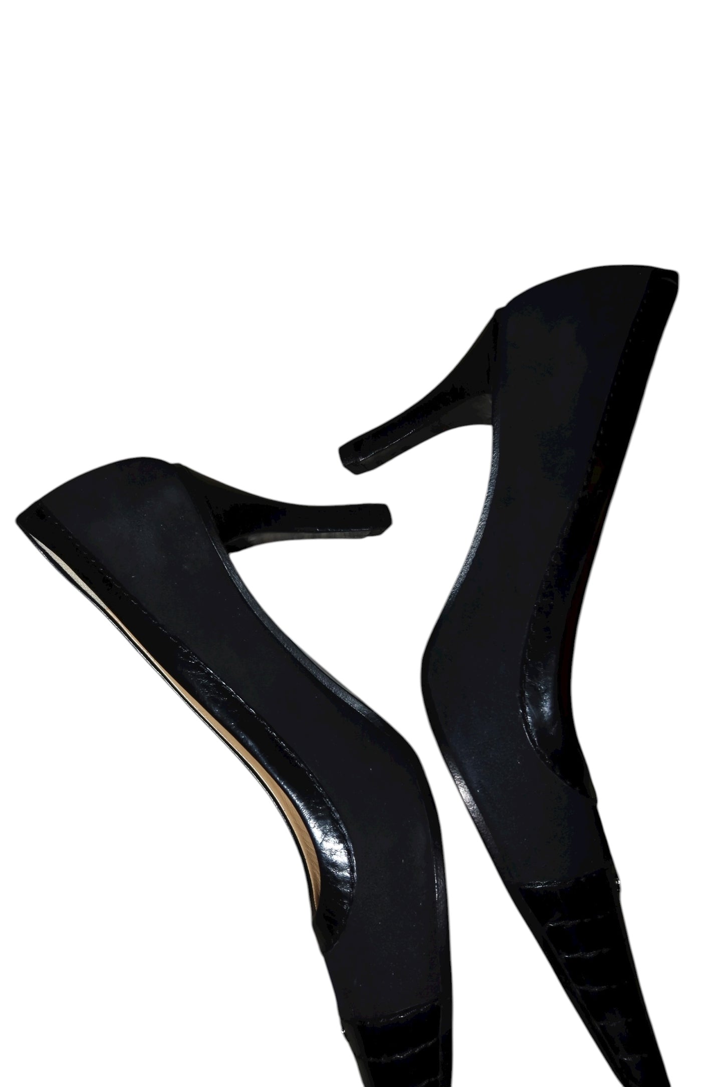 Chanel black suede and leather heels with silver CC logo (36.5C)