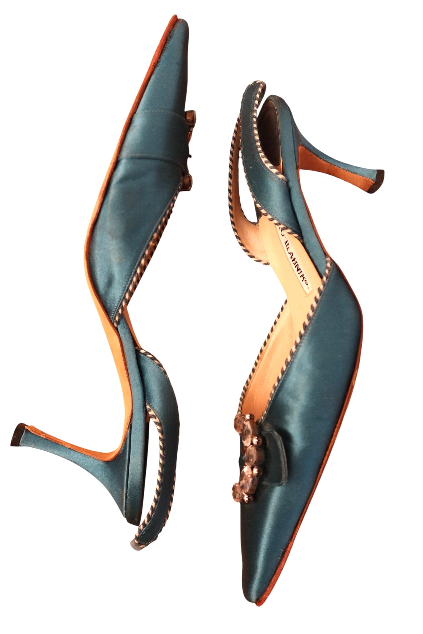 Manolo Blahnik teal satin heels with crystal embellishments (39)