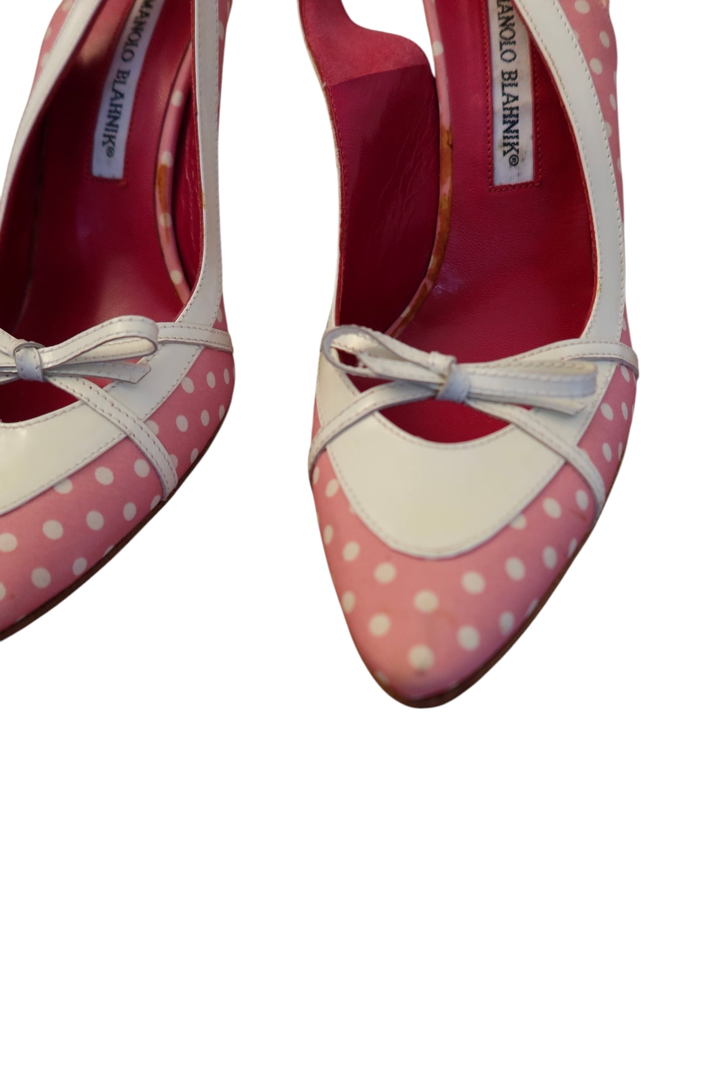 Manolo Blahnik pink and white polka dot heels with white bow (39.5)