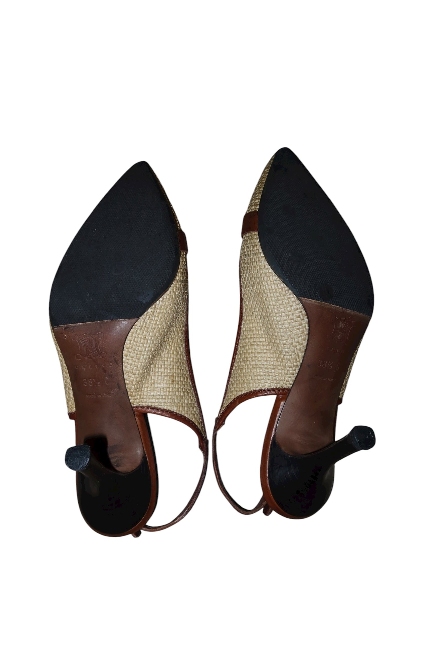Celine raffia slingback heels with brown leather buckle accent (38.5)