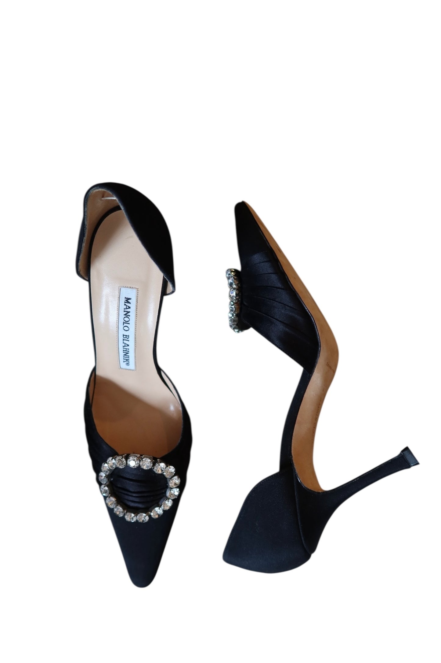 Manolo Blahnik black satin heels with crystal circle buckle (37)