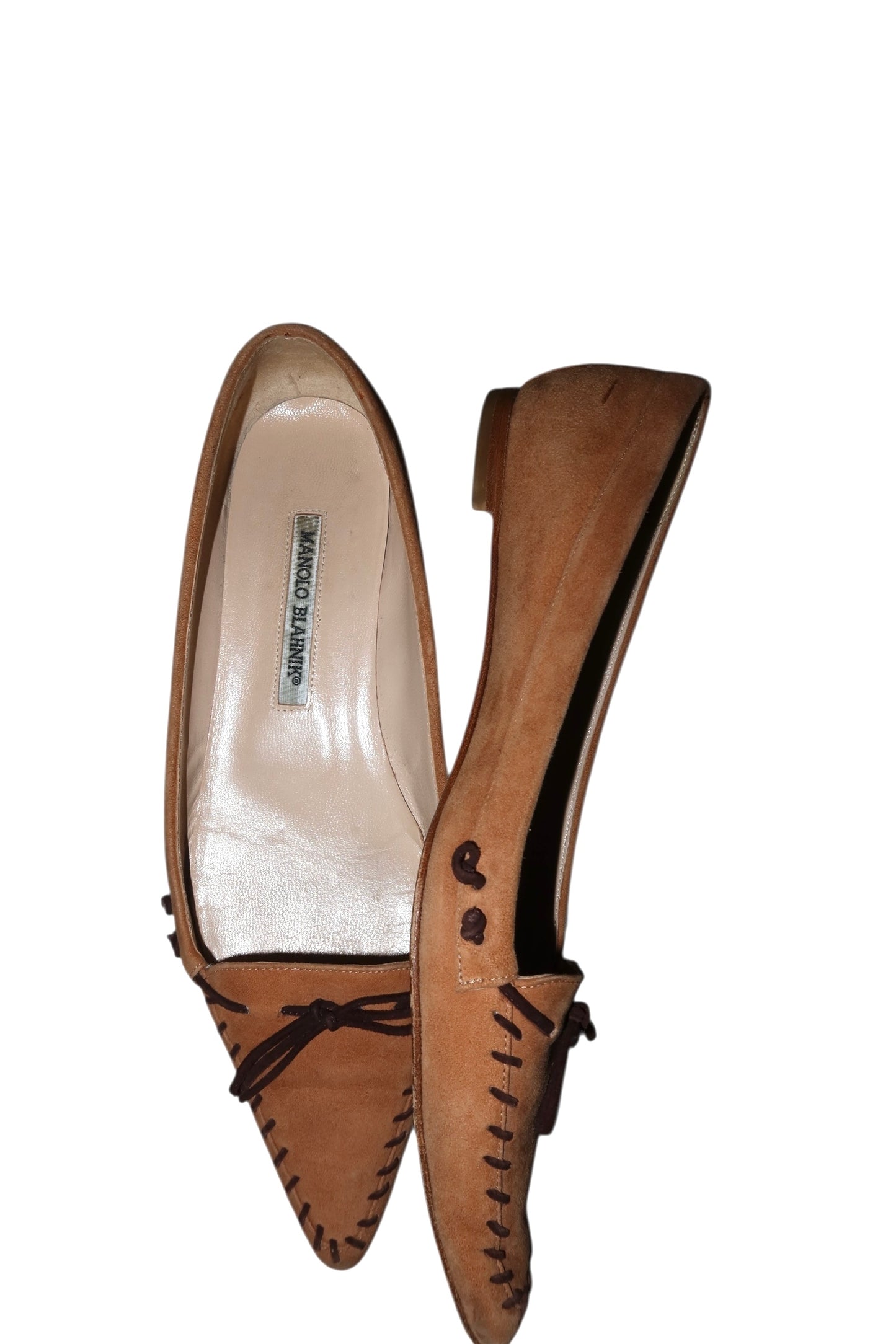 Manolo Blahnik camel suede flats with brown bows and details (38.5)