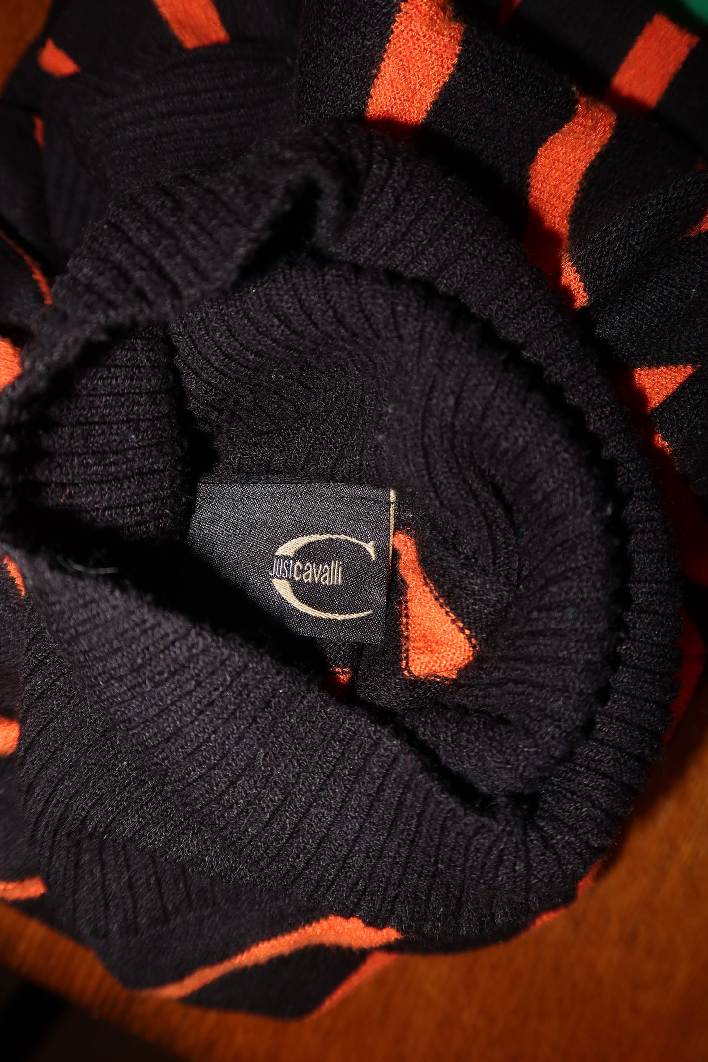 Just Cavalli black/orange striped turtleneck sweater with rhinestone logo (S)