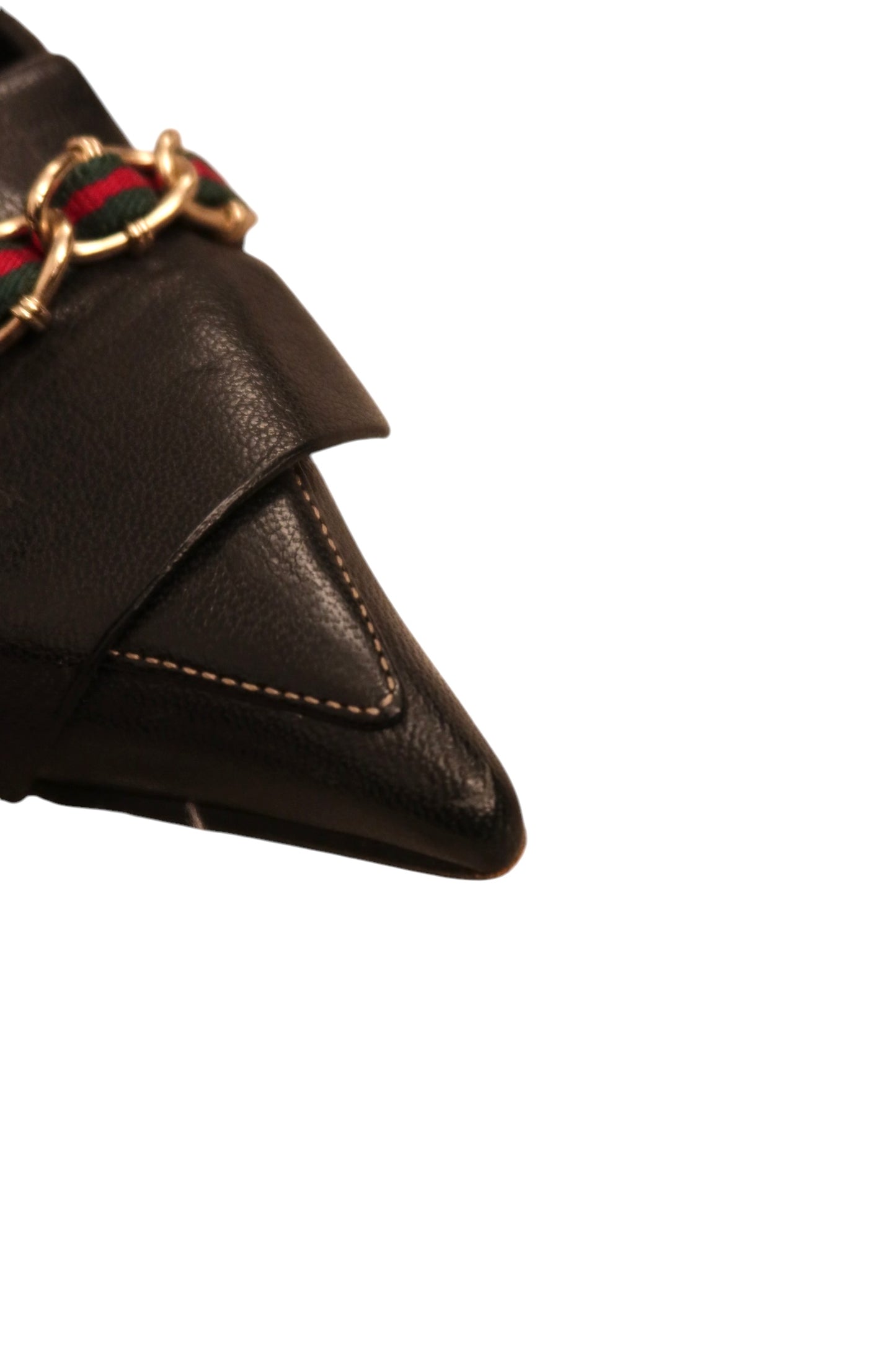 Gucci black heels with red and green fabric wrapped around gold chain hardware (7.5 B)
