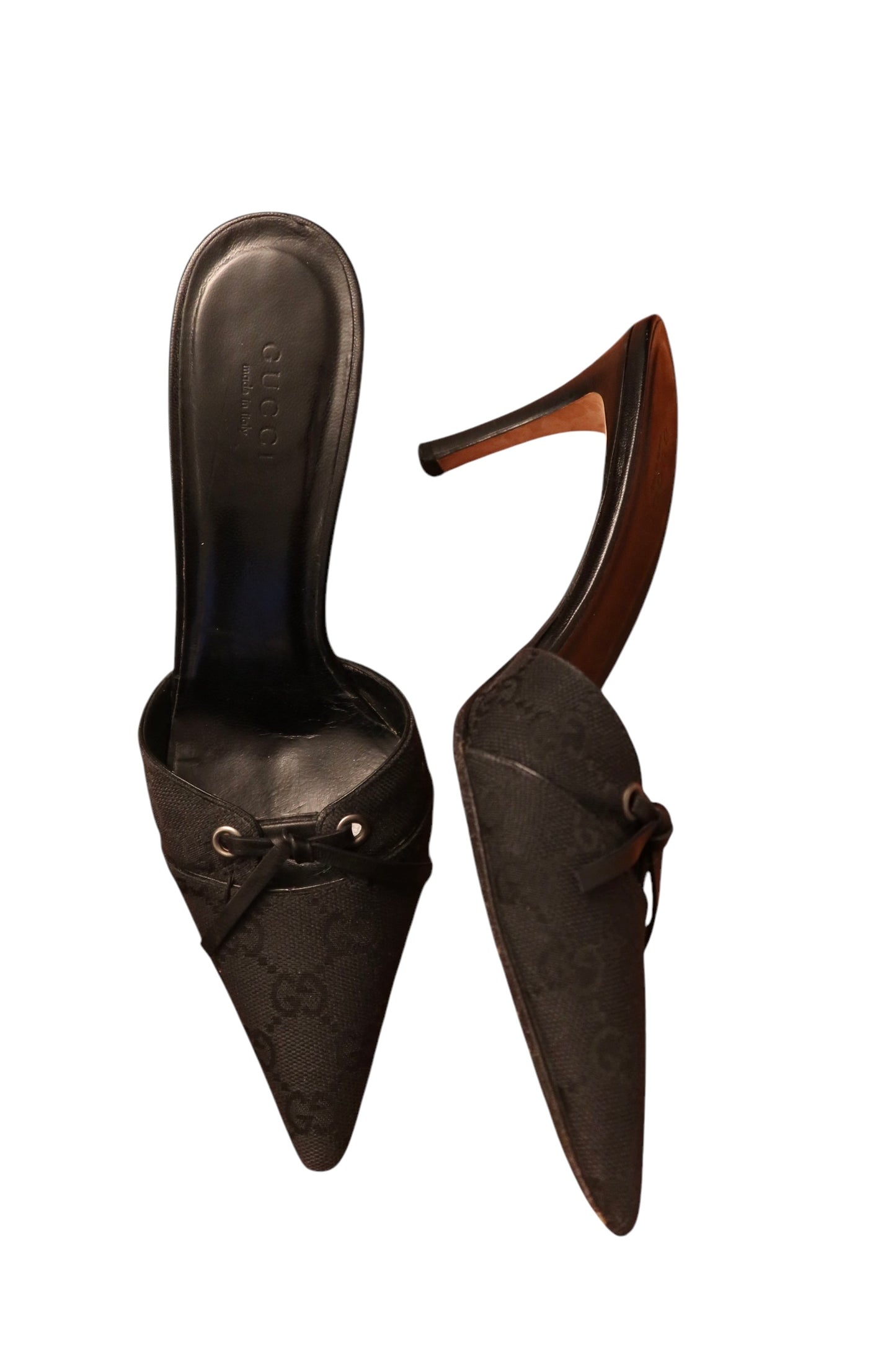 Gucci black canvas monogram GG pointed toe mules heels (6B)