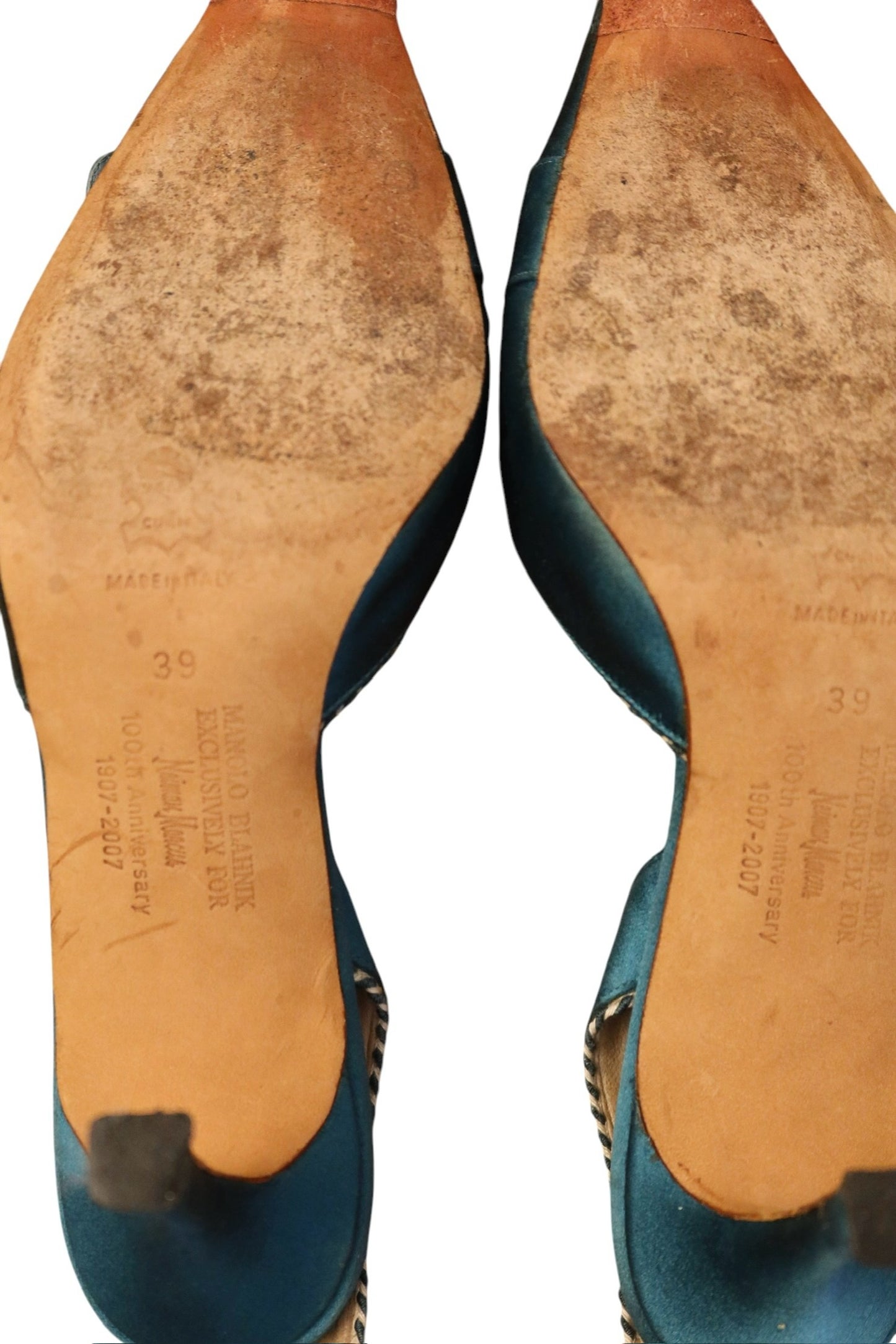 Manolo Blahnik teal satin heels with crystal embellishments (39)