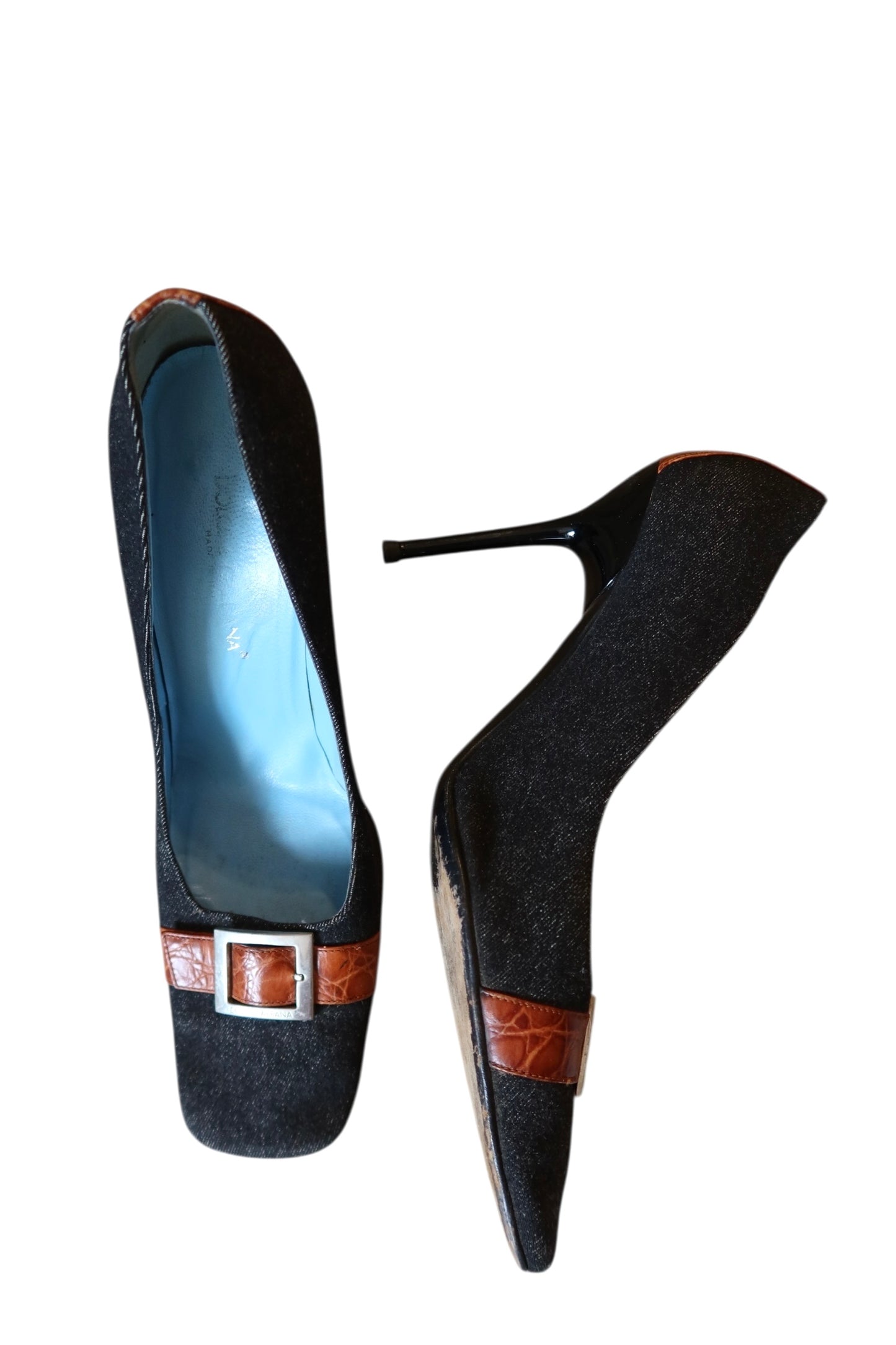Dolce & Gabbana dark denim square toe heels with leather strap and silver buckle (39)