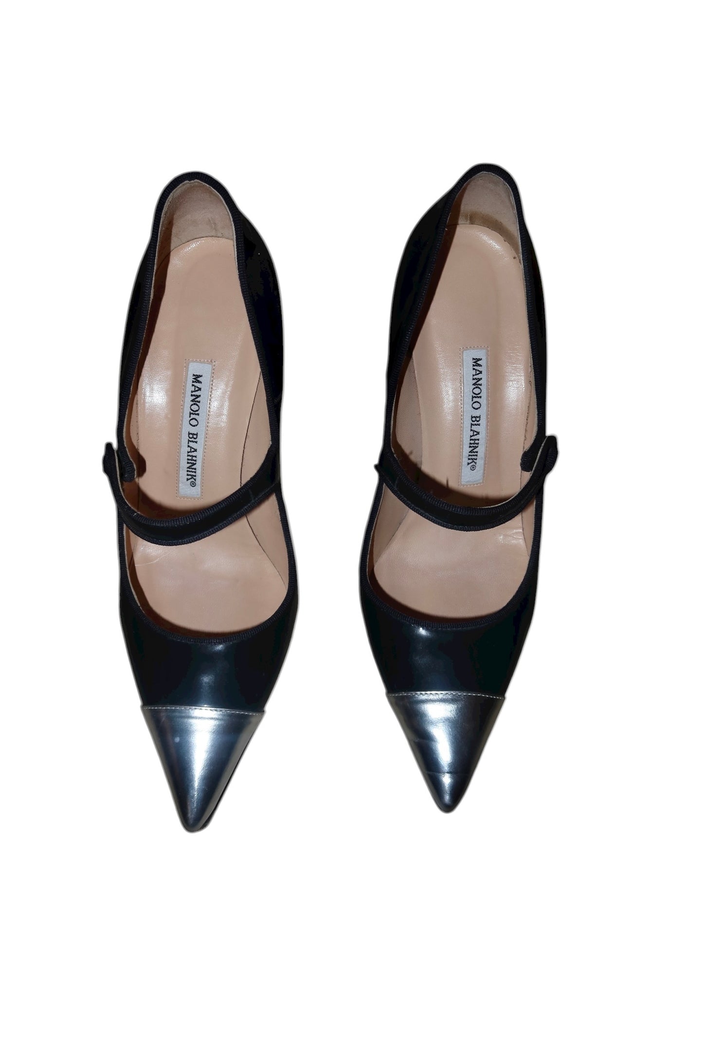 Manolo Blahnik navy blue patent leather with silver toe mary jane heels (38.5)
