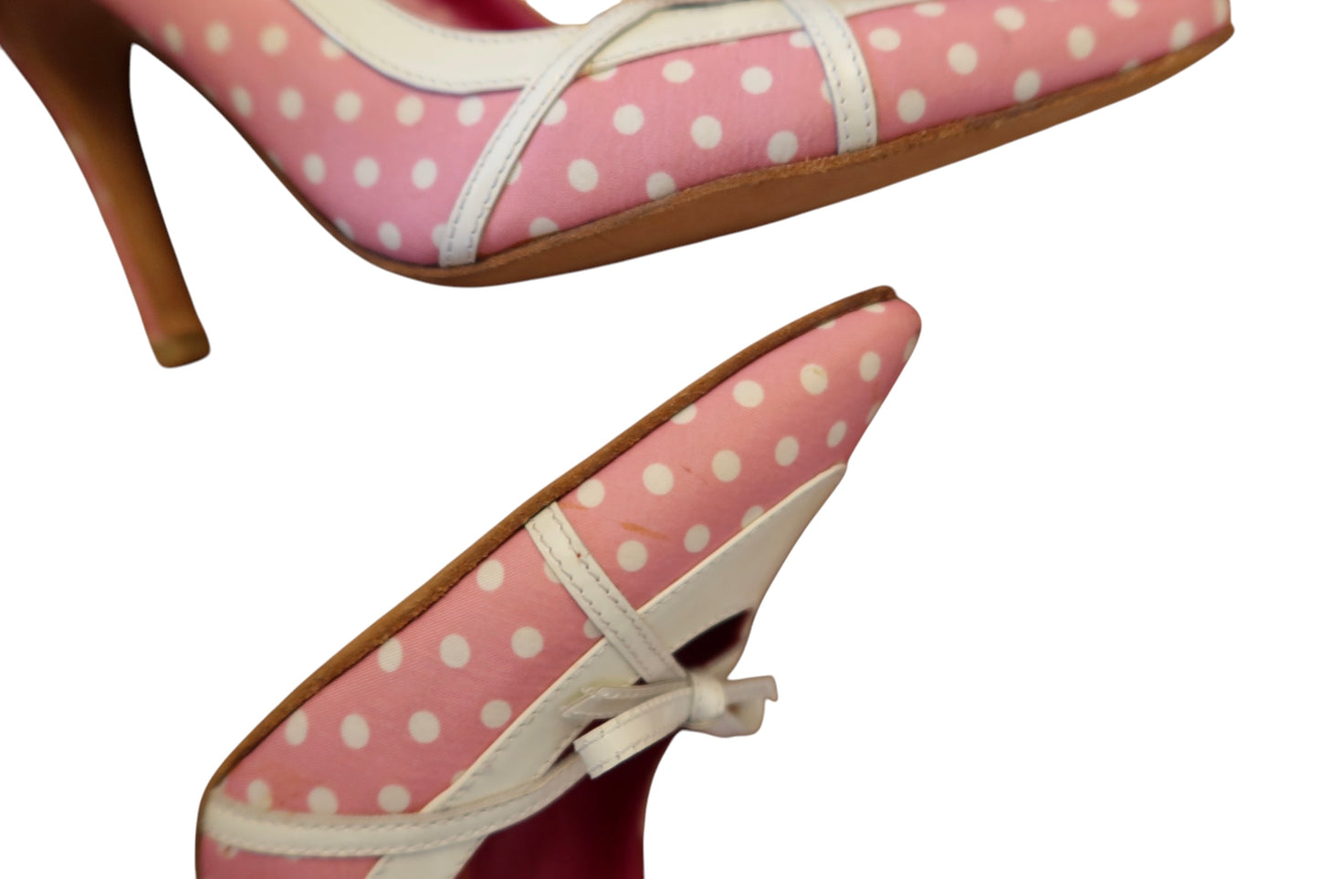 Manolo Blahnik pink and white polka dot heels with white bow (39.5)