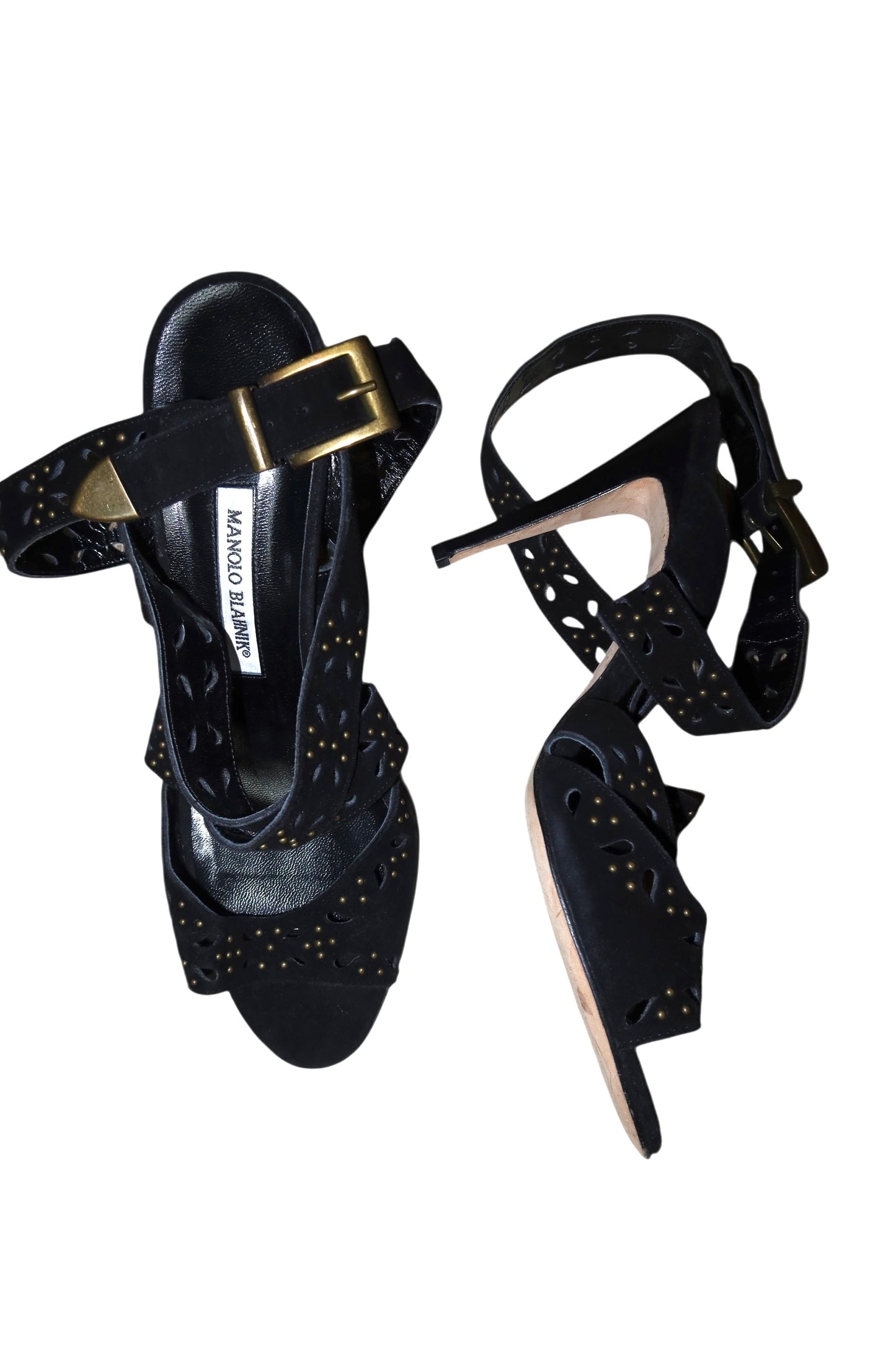 Manolo Blahnik black suede heels with gold studded details (40.5)