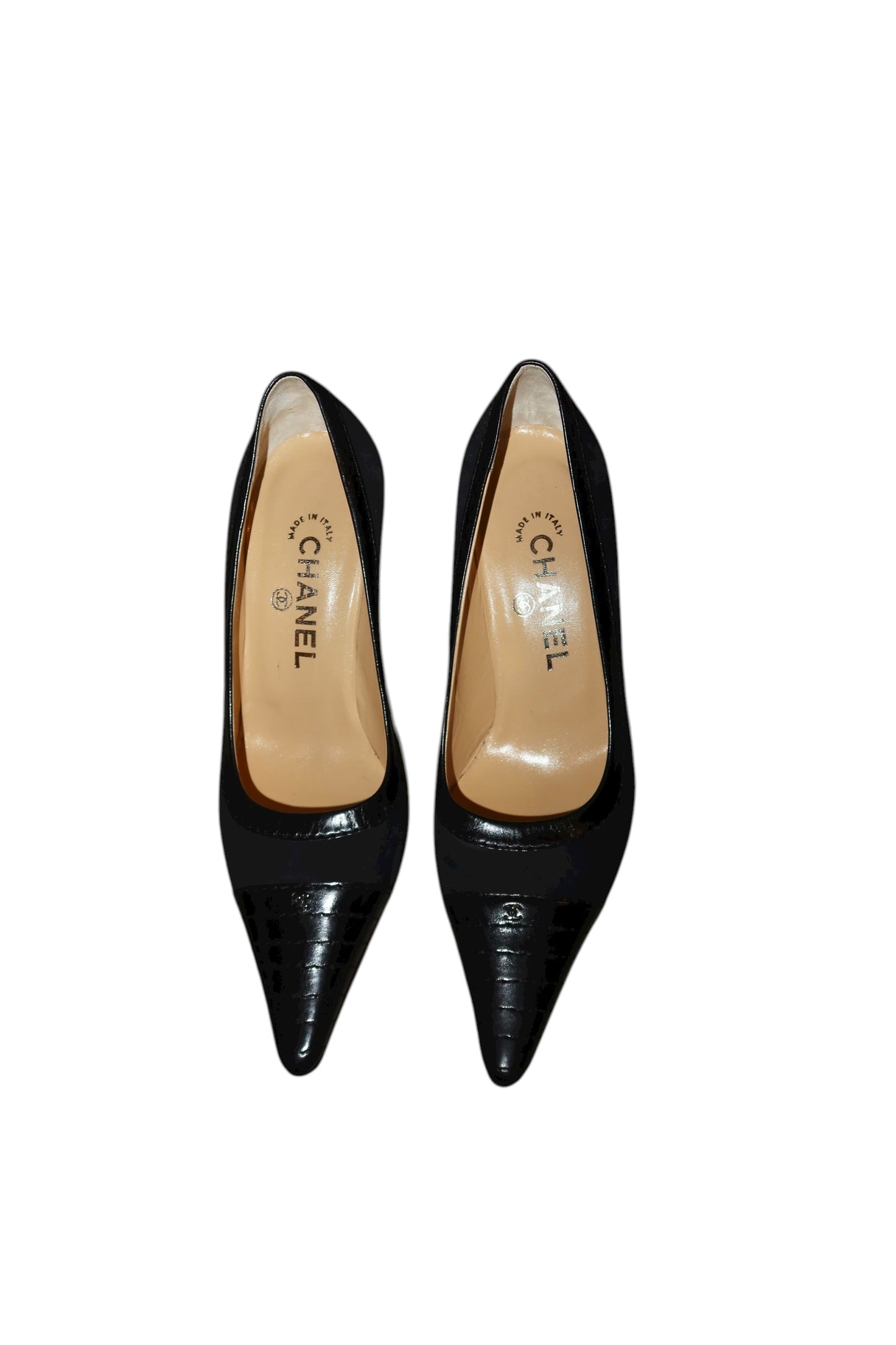 Chanel black suede and leather heels with silver CC logo (36.5C)