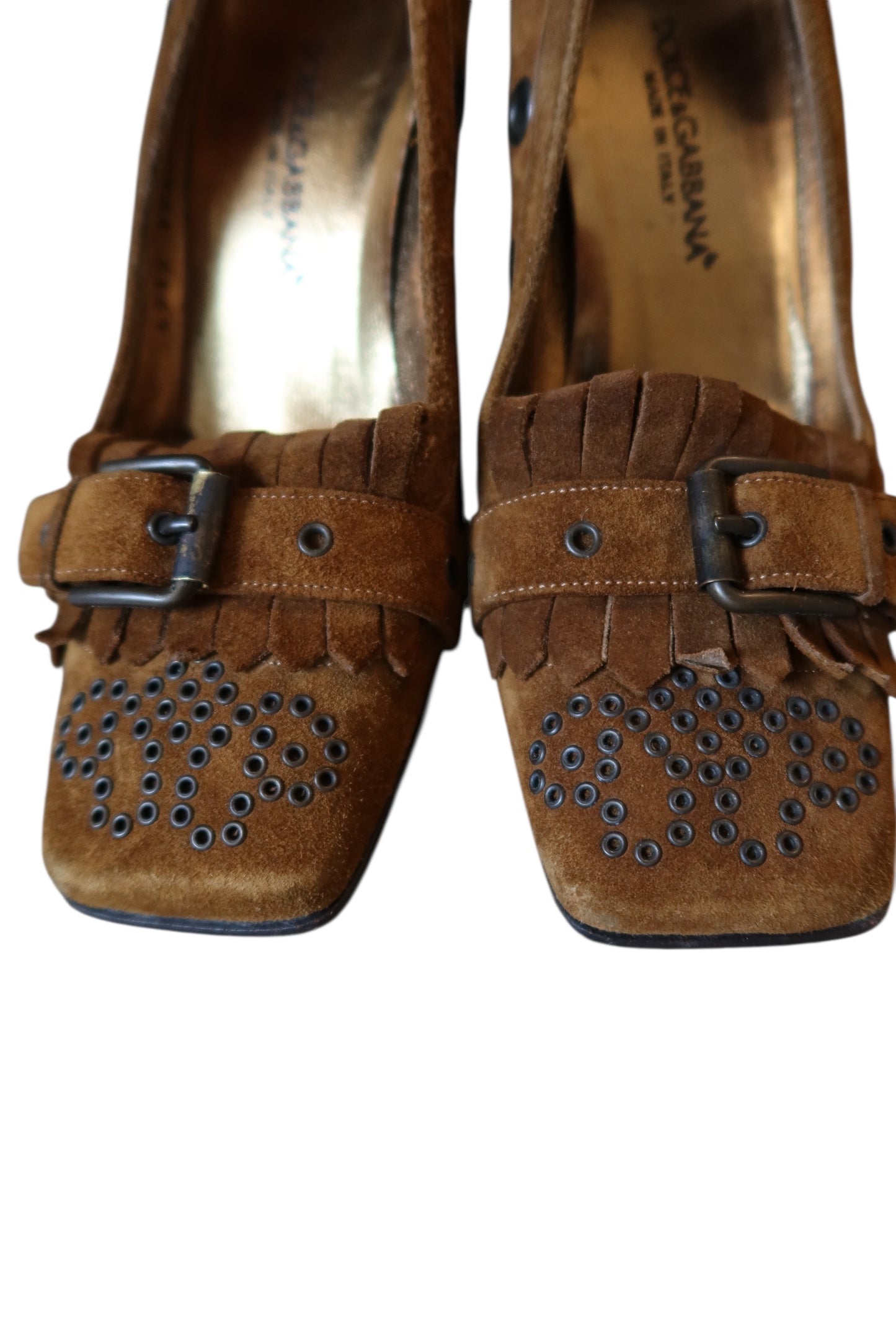 Dolce & Gabbana brown suede square toe heels with grommets (36)