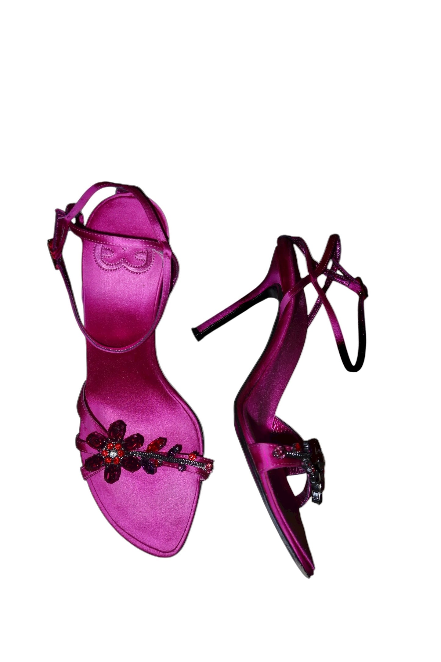 Escada fuchsia satin heels with crystal floral design (36.5)