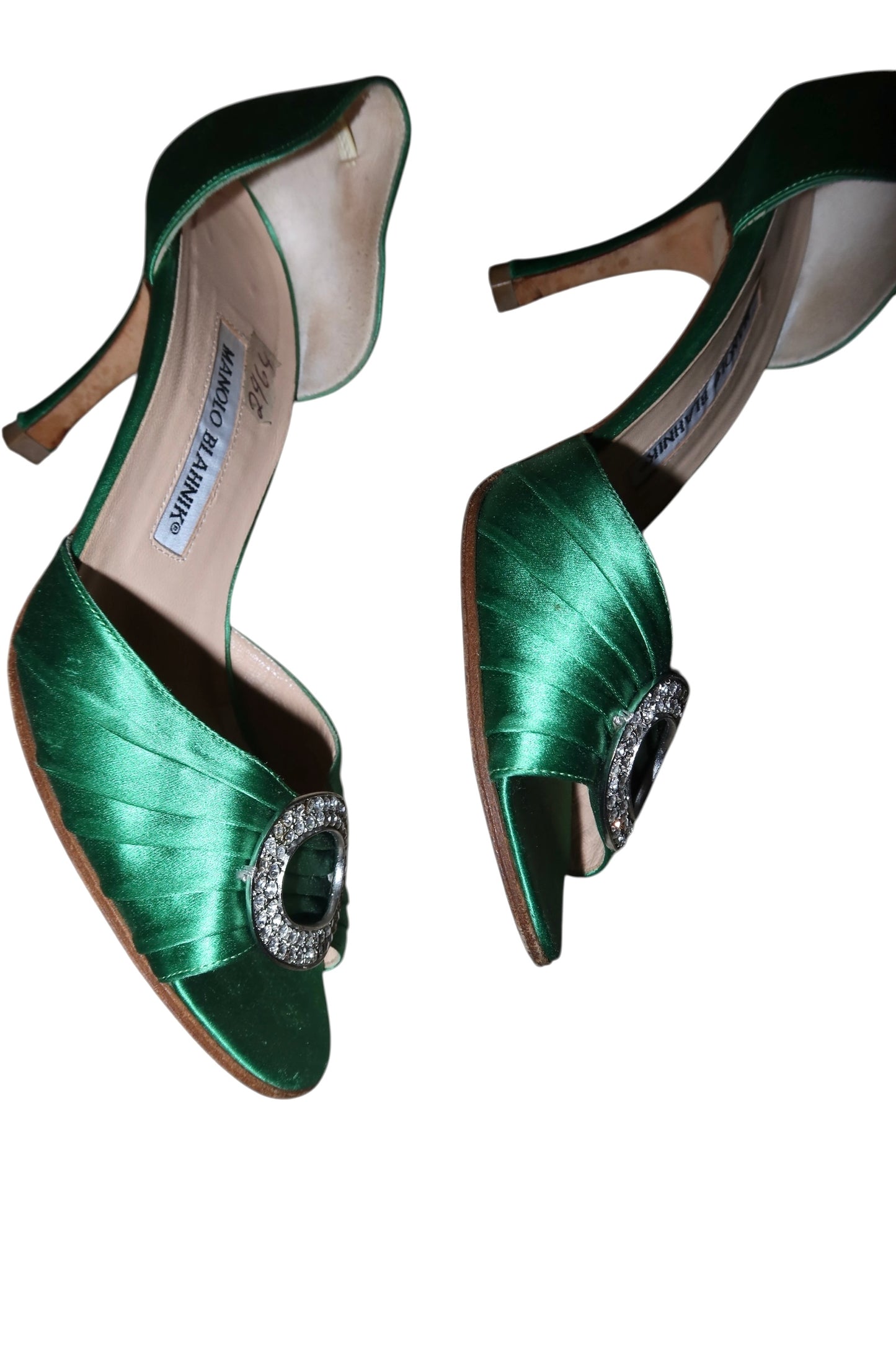 Manolo Blahnik green satin Sedaraby heels with round rhinestone buckle (37)
