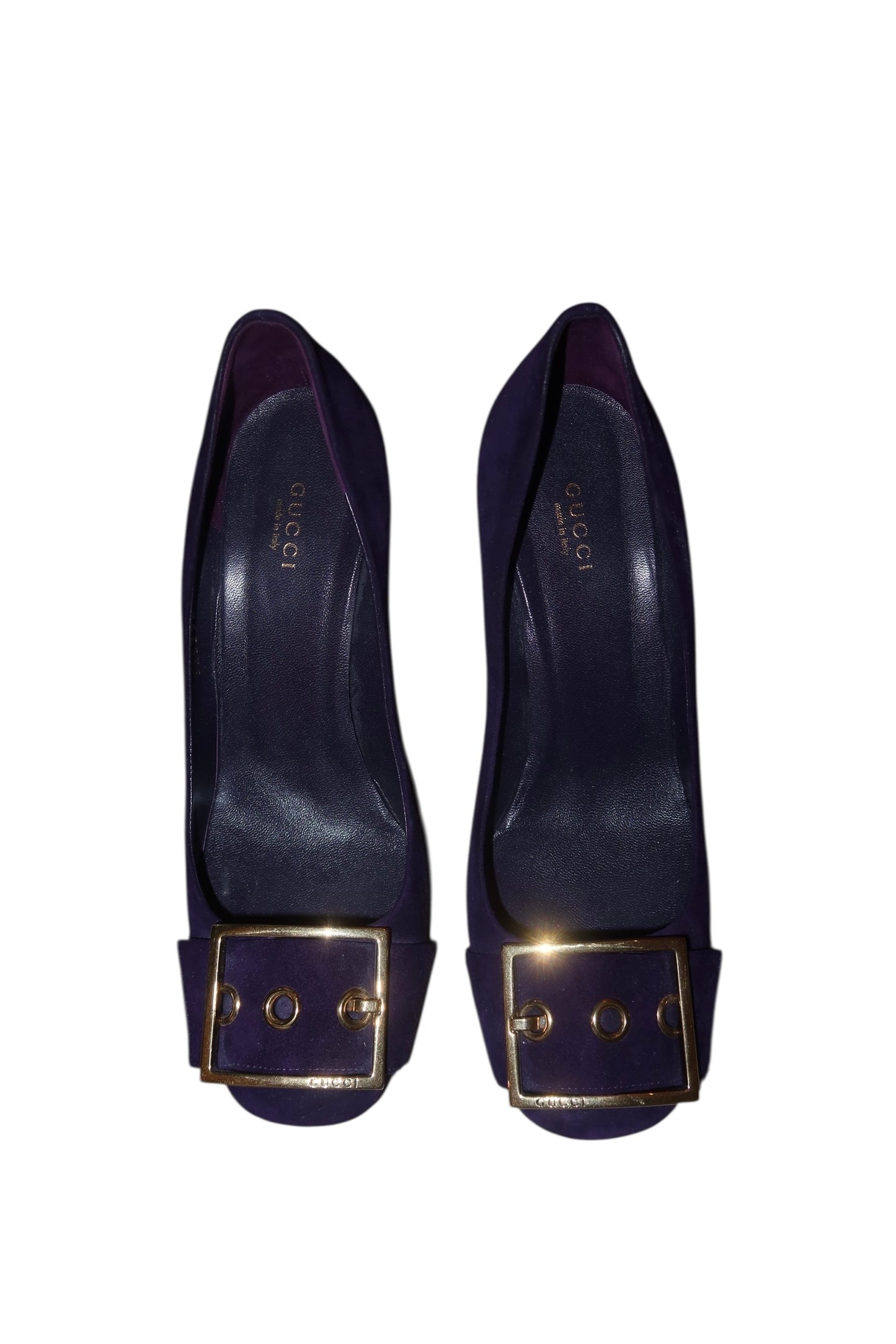 Gucci purple suede heels with gold square buckle (39.5)