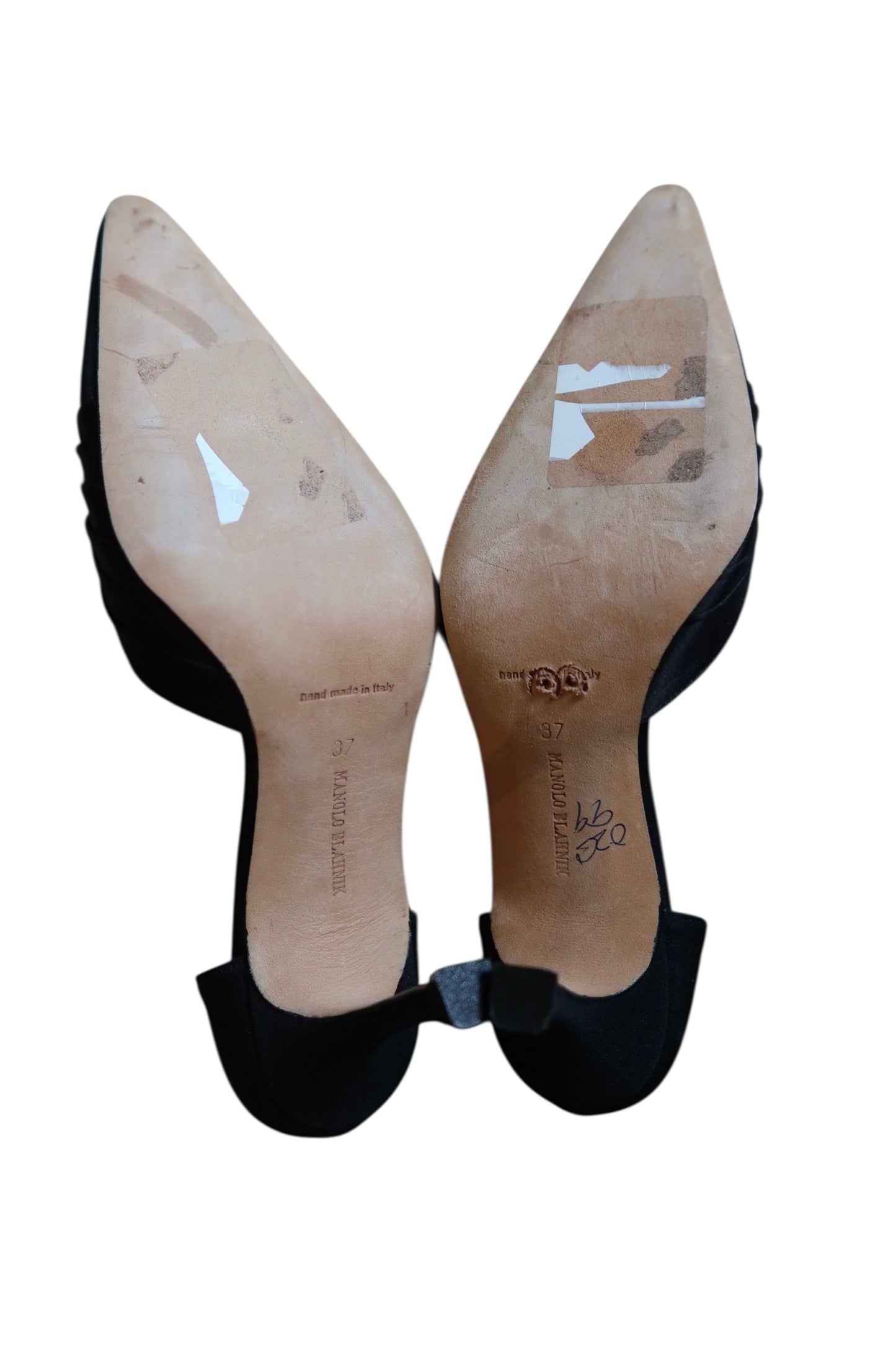 Manolo Blahnik black satin heels with crystal circle buckle (37)