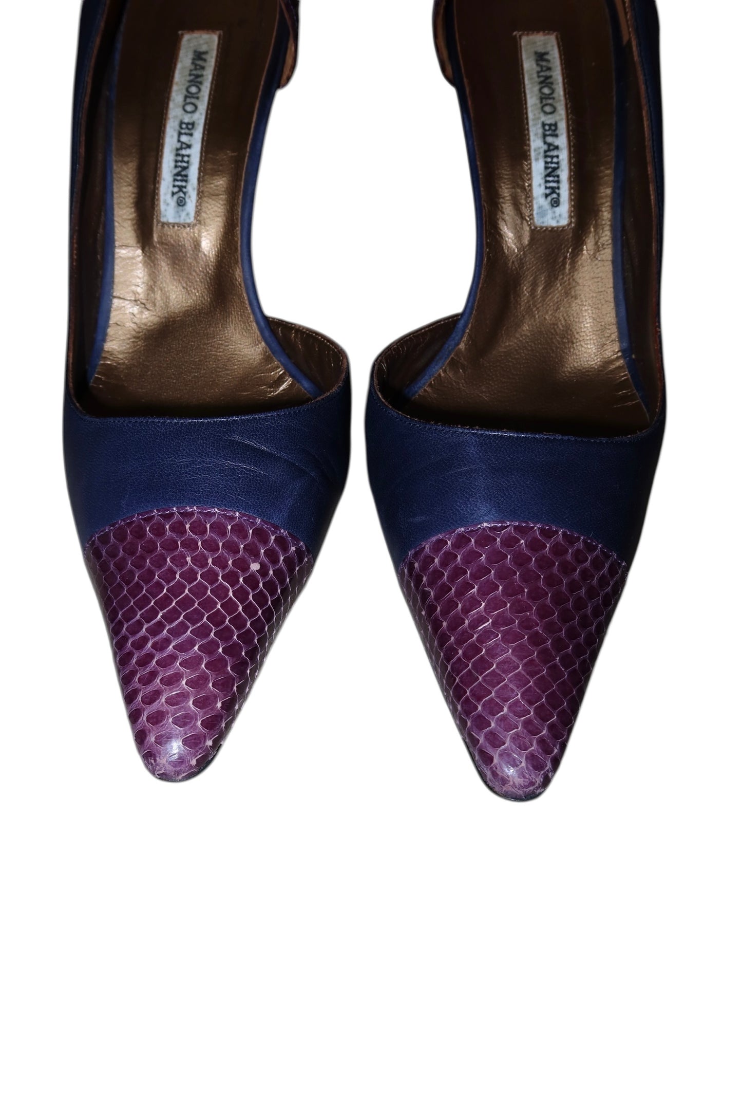 Manolo Blahnik blue leather and purple snakeskin toe heels (39.5)
