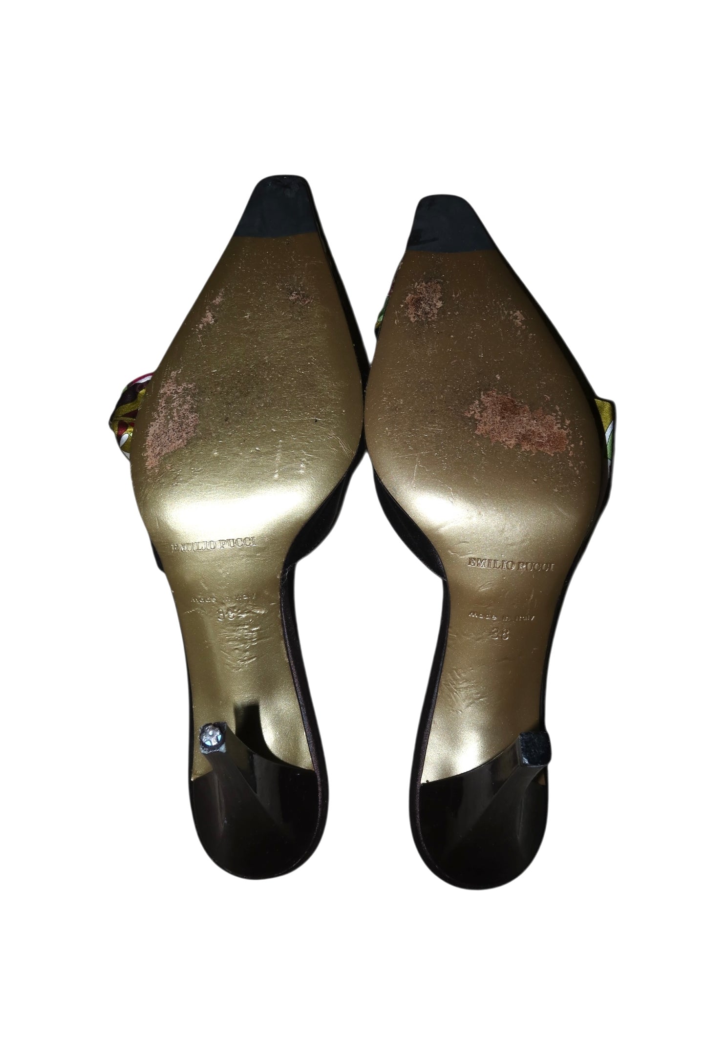Emilio Pucci brown satin heels with multi color scarf and rhinestone buckle (38)