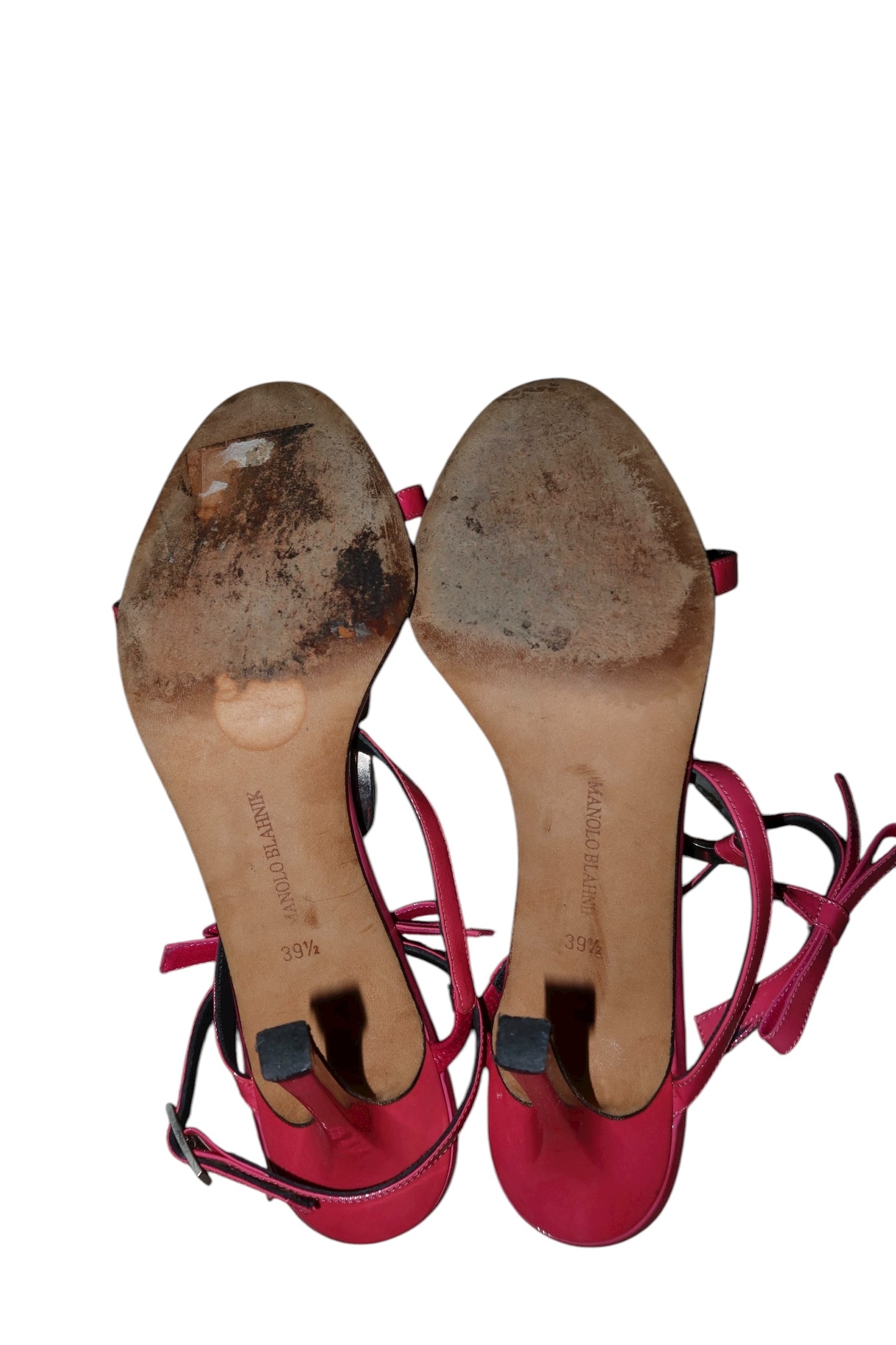 Manolo Blahnik hot pink heels with geometric hardware and bow details (39.5)