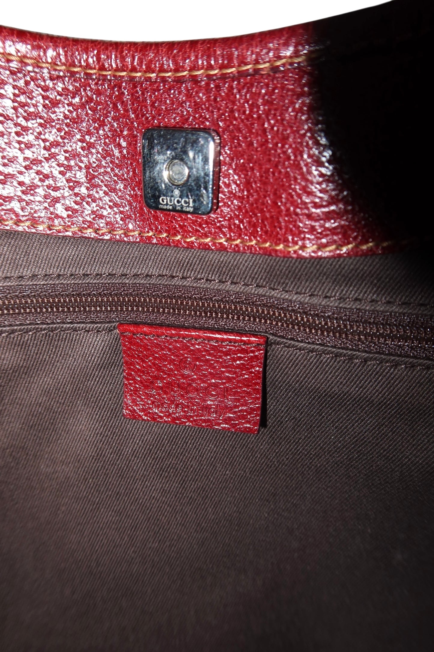 Gucci monogram shoulder bag with burgundy leather detail