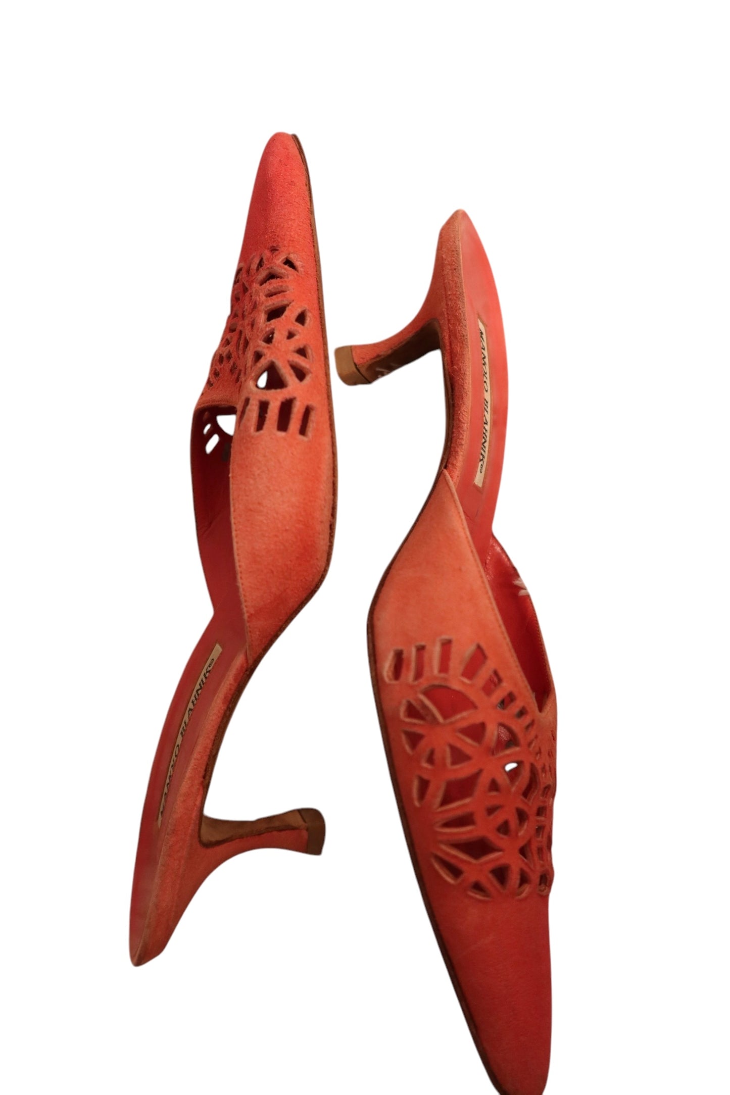 Manolo Blahnik salmon laser cut suede mules (39)