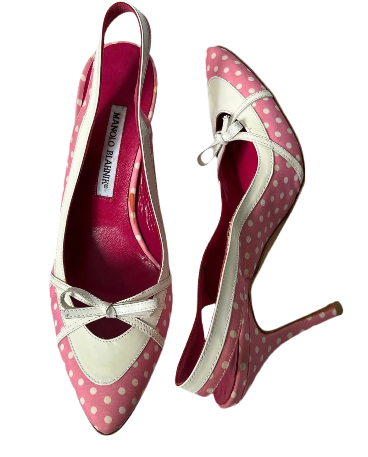 Manolo Blahnik pink and white polka dot heels with white bow (39.5)