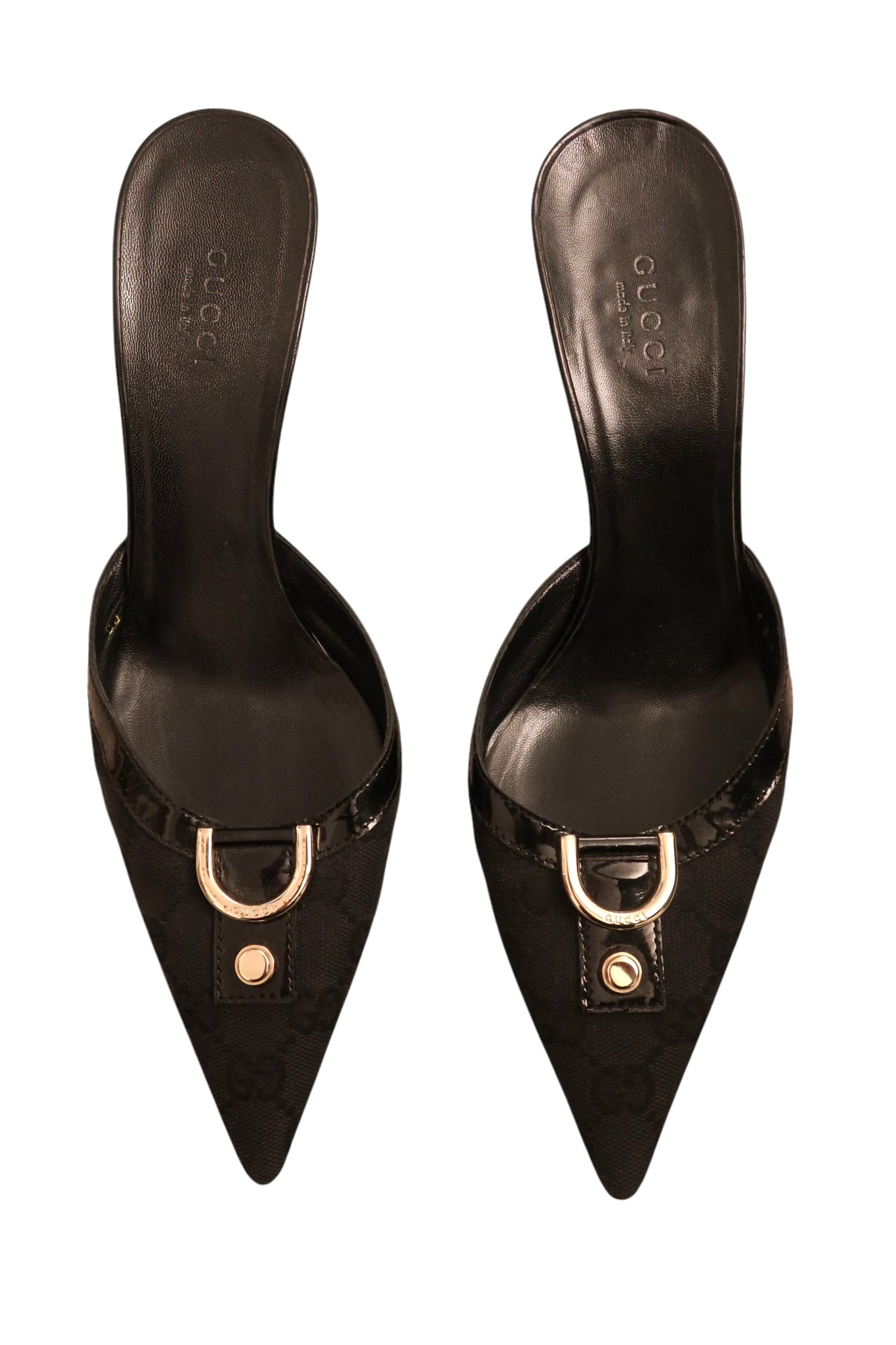 Gucci black canvas GG monogram mules Tom Ford era. Gold-tone hardware, patent leather trim (37C)
