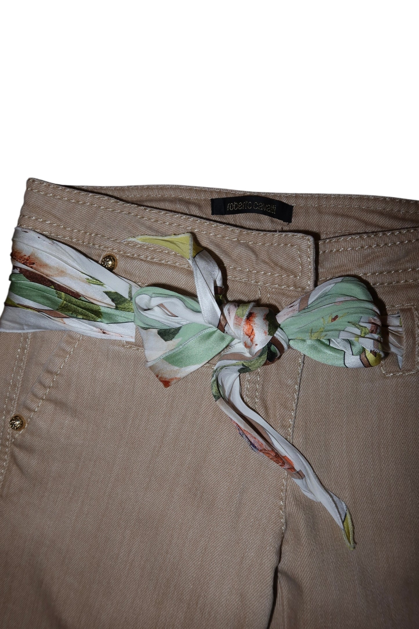 Roberto Cavalli khaki capri pants with scarf detail