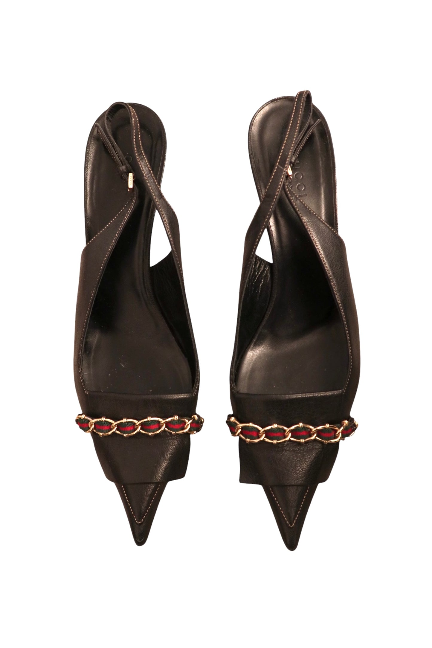 Gucci black heels with red and green fabric wrapped around gold chain hardware (7.5 B)
