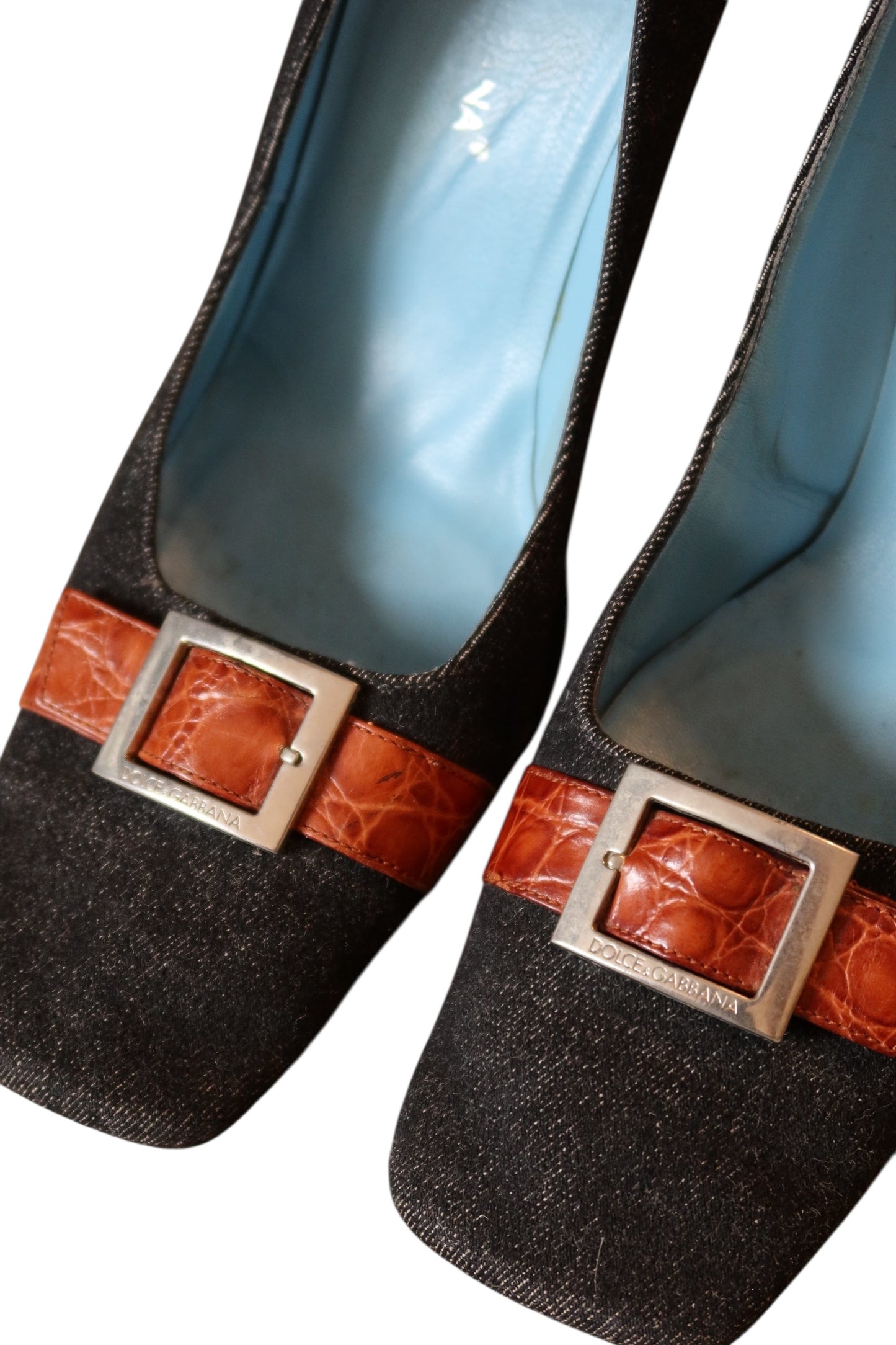Dolce & Gabbana dark denim square toe heels with leather strap and silver buckle (39)