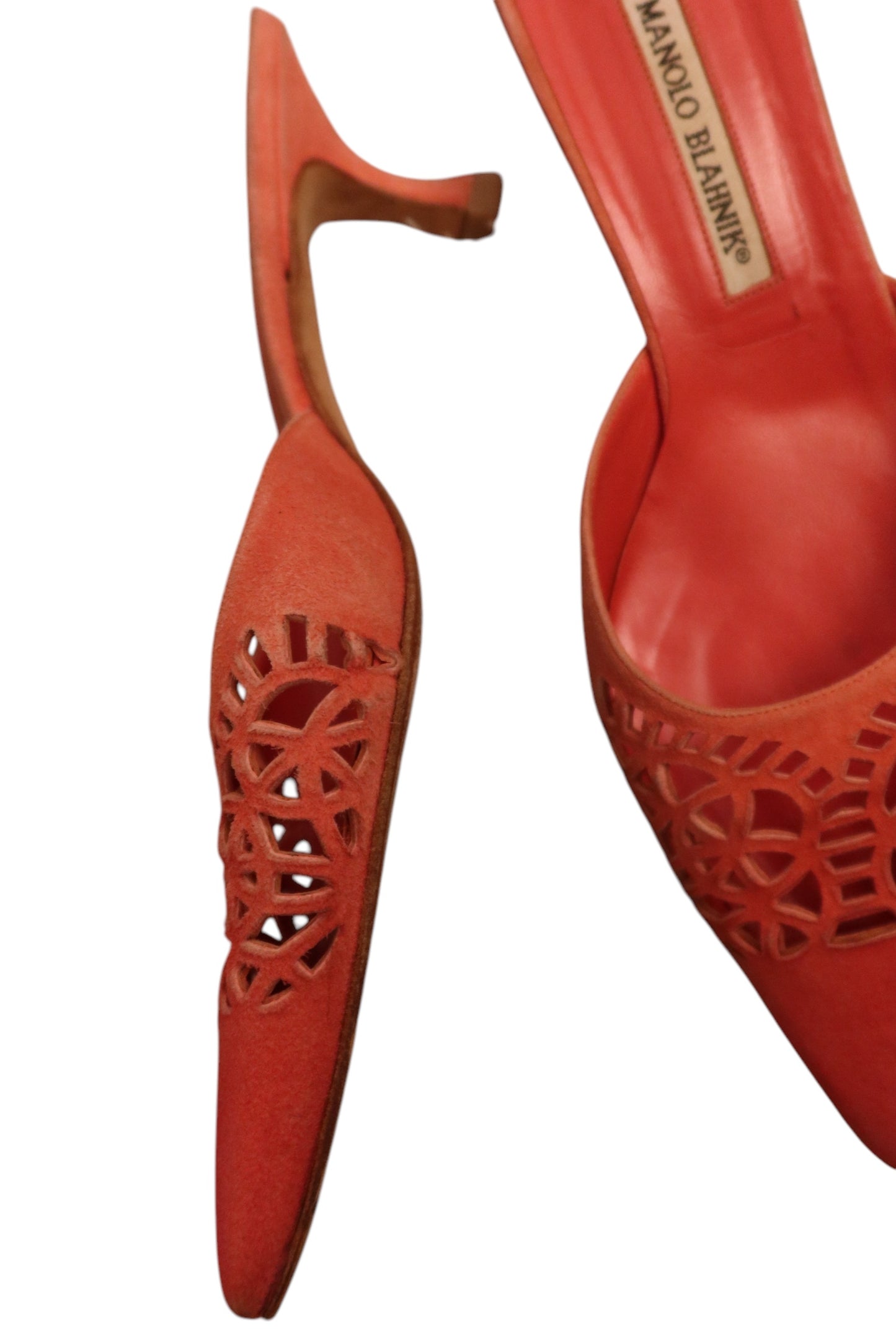 Manolo Blahnik salmon laser cut suede mules (39)