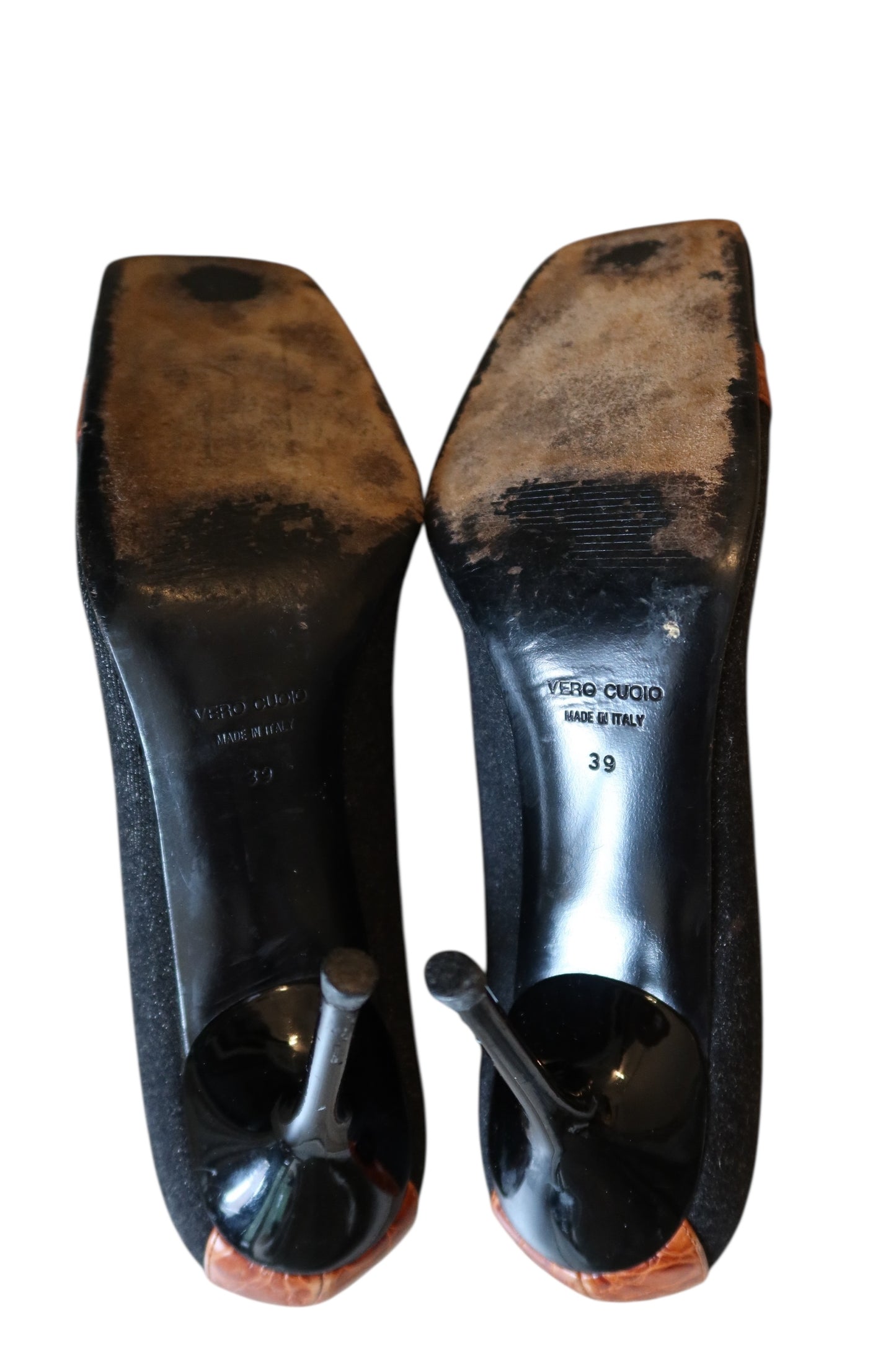 Dolce & Gabbana dark denim square toe heels with leather strap and silver buckle (39)