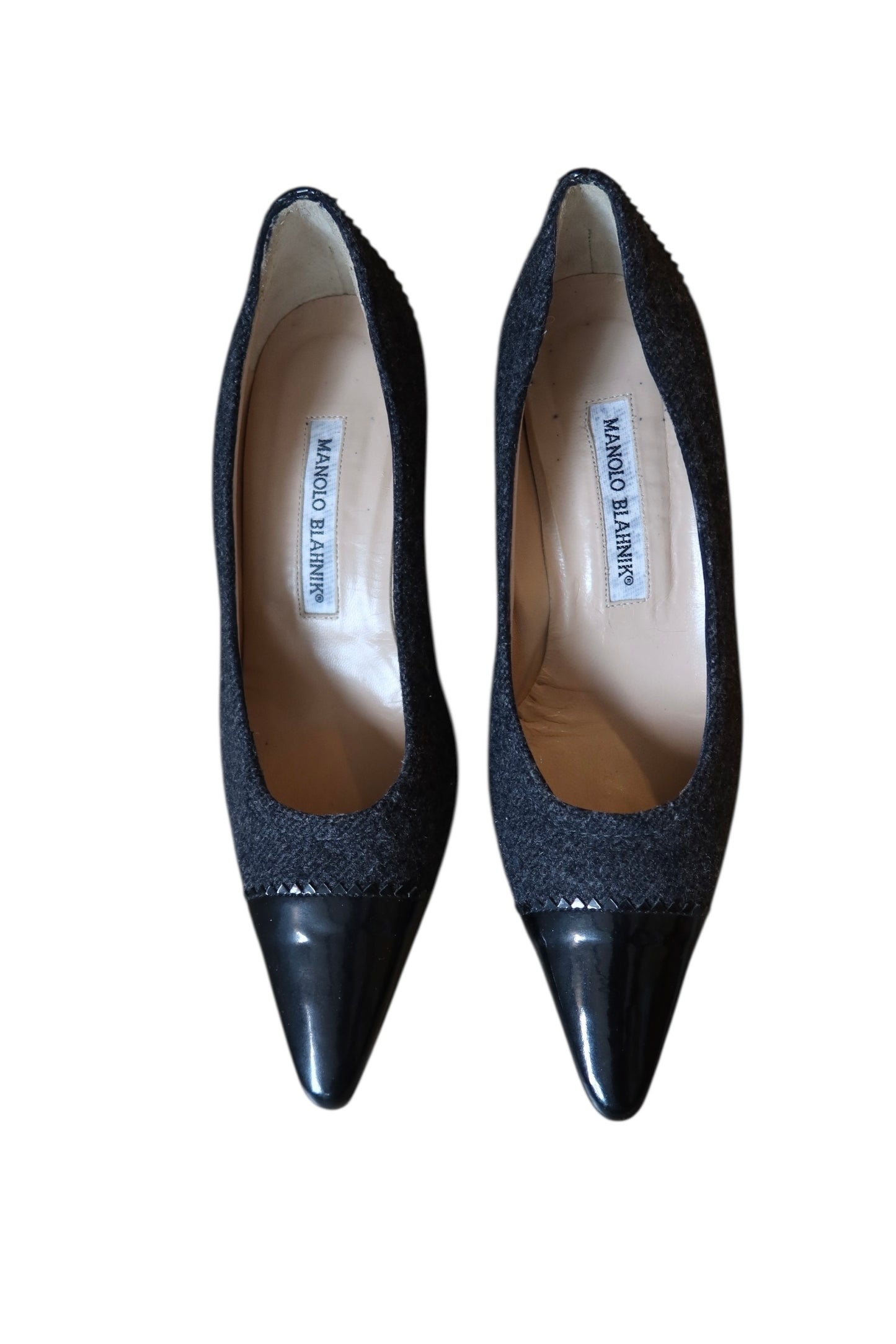 Manolo Blahnik grey wool and black leather heels (35)