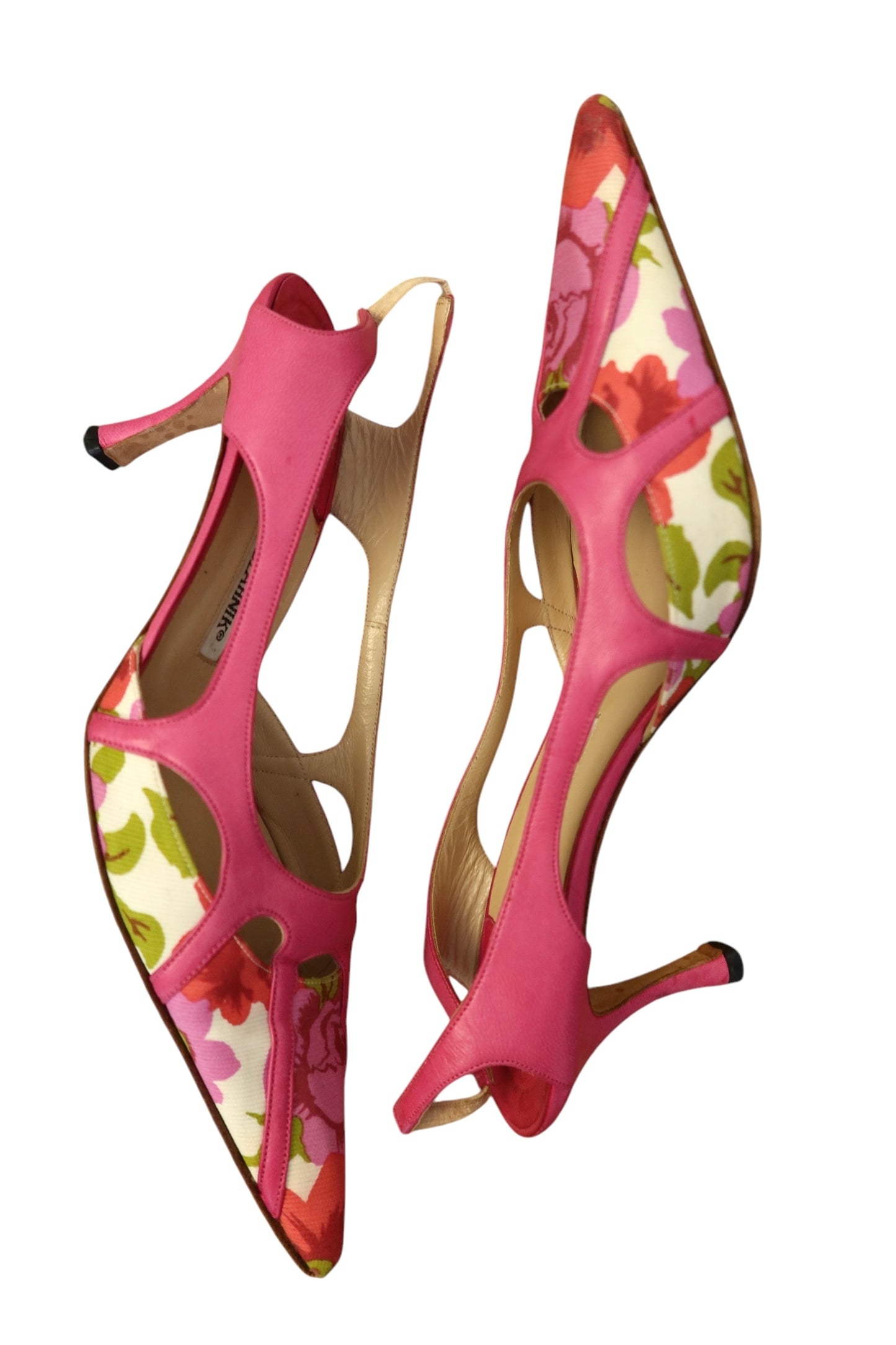 Manolo Blahnik pink floral print slingback heels (38.5)