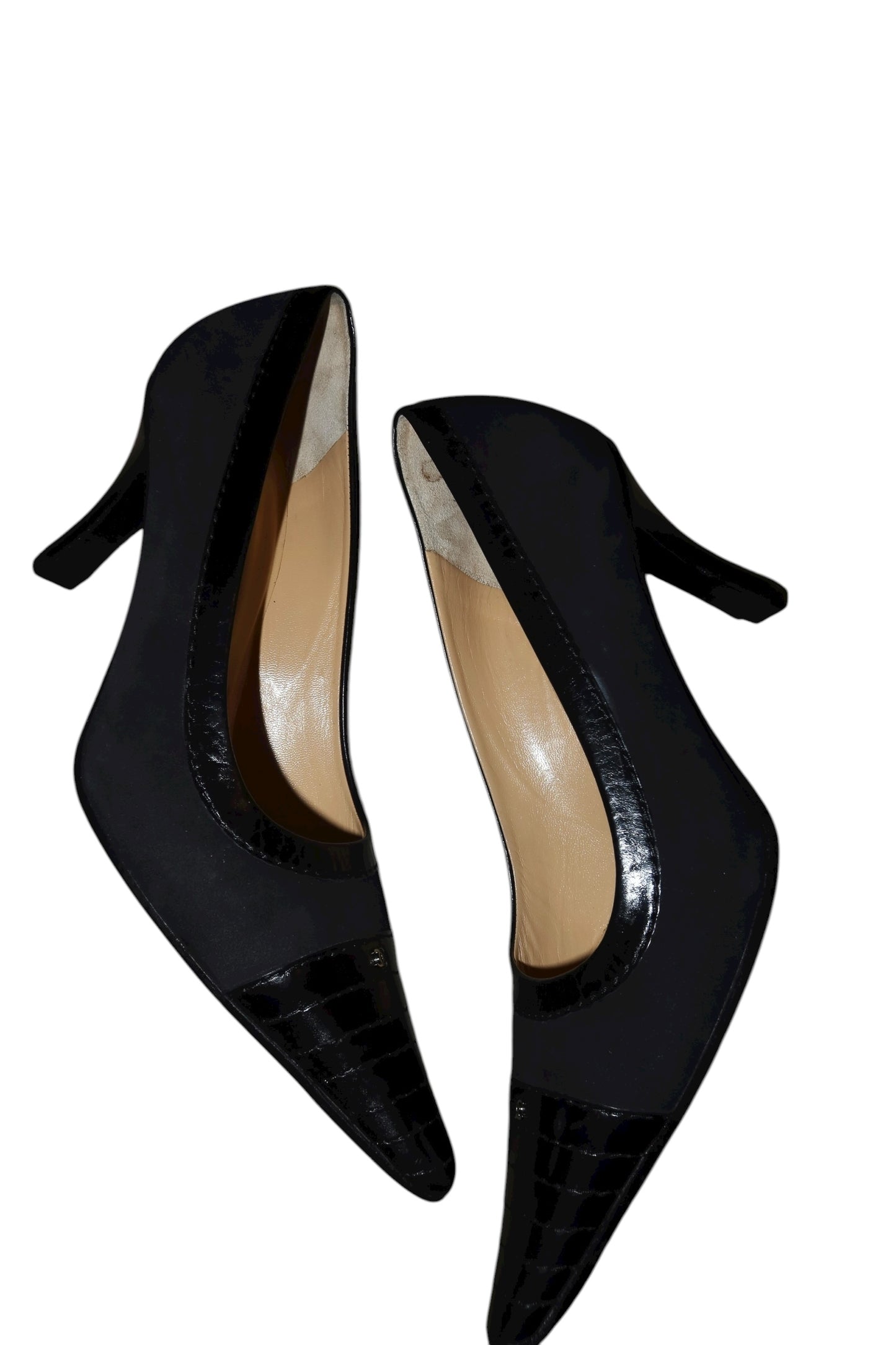 Chanel black suede and leather heels with silver CC logo (36.5C)
