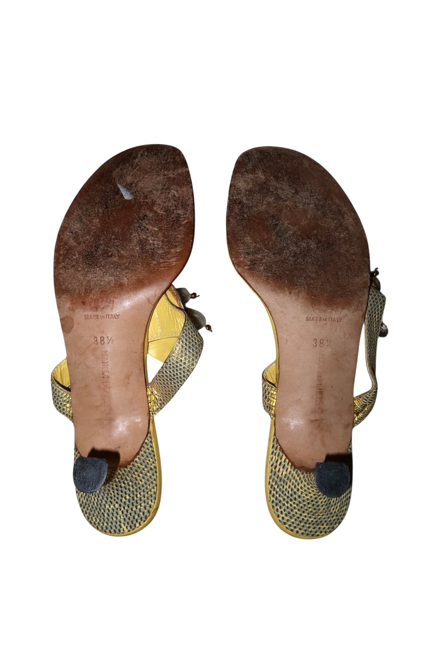Manolo Blahnik yellow pearl and lizard sandal heels (38.5)