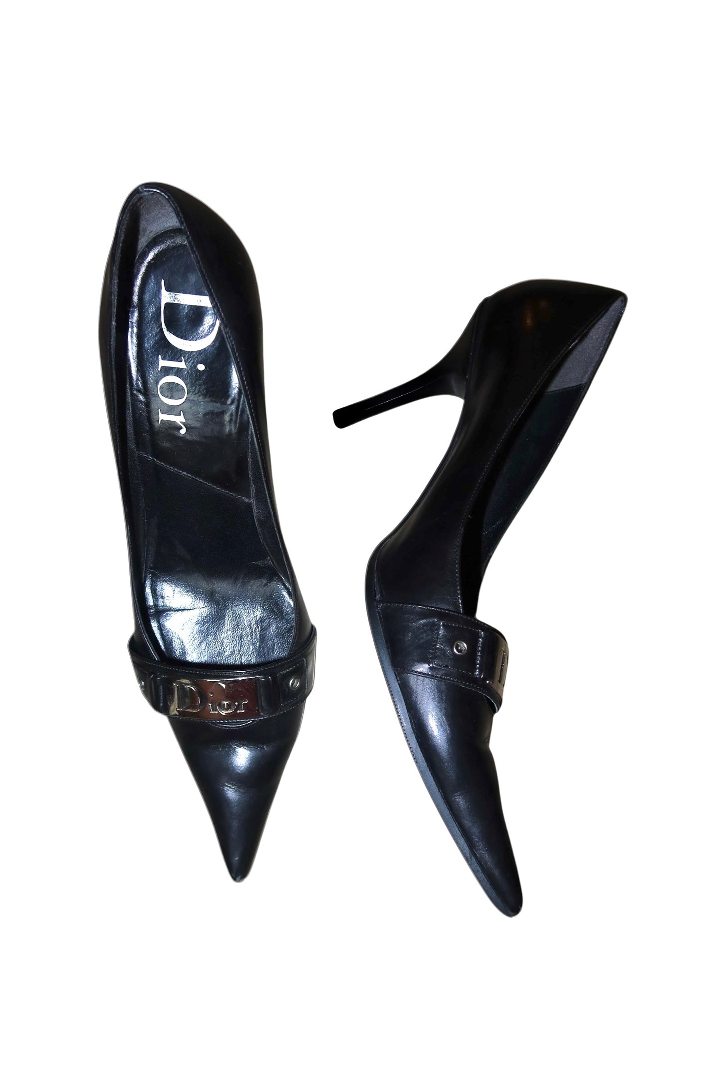 Dior black heels with “Dior” logo silver buckle (38)